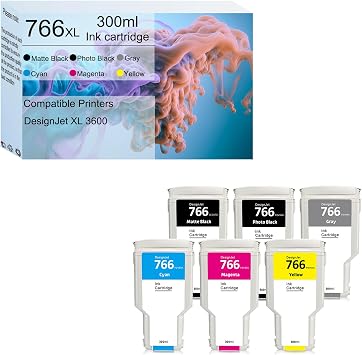 766 Ink Cartridge 300ml Set HP 766 3ED57A P2V89A P2V90A P2V91A P2V93A 3ED55A Replacement HP DesignJet XL 3600 Printer 6-Pack, PBK/MBK/Gray/C/M/Y