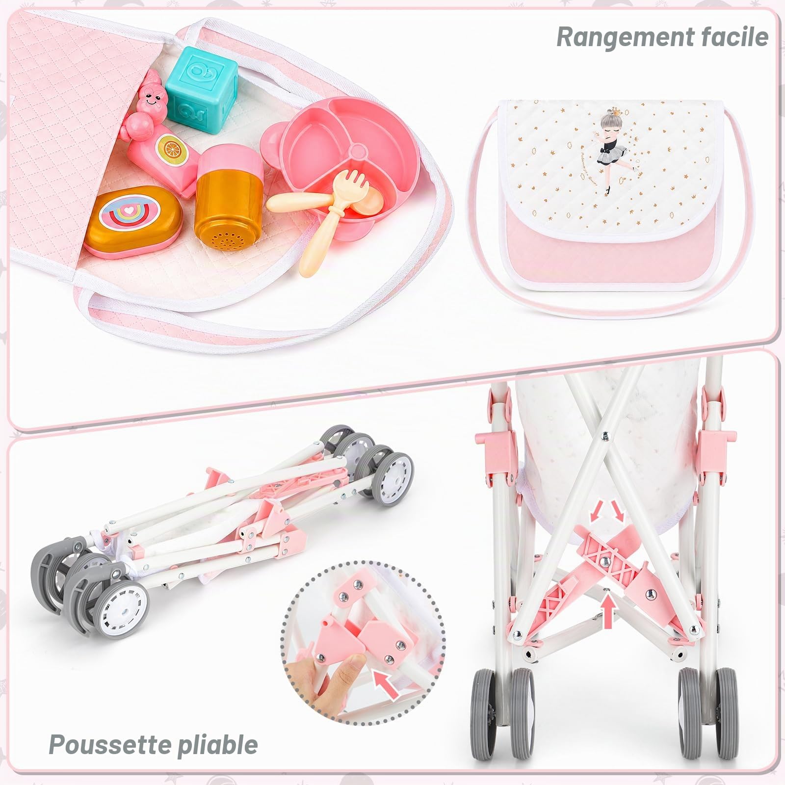 deAO Coffret Poussette Poupée avec Berceau, Tapis de Jeu, Sacs de Voyage
