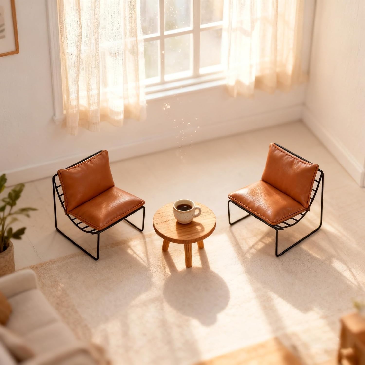 LOGOFUN 2 Pcs Dollhouse Miniature Furniture Mini Sofa Chair Model Micro Landscape Back Chair Doll House Accessory (Light Brown) - 4.2 * 4.2 * 4.1 inch