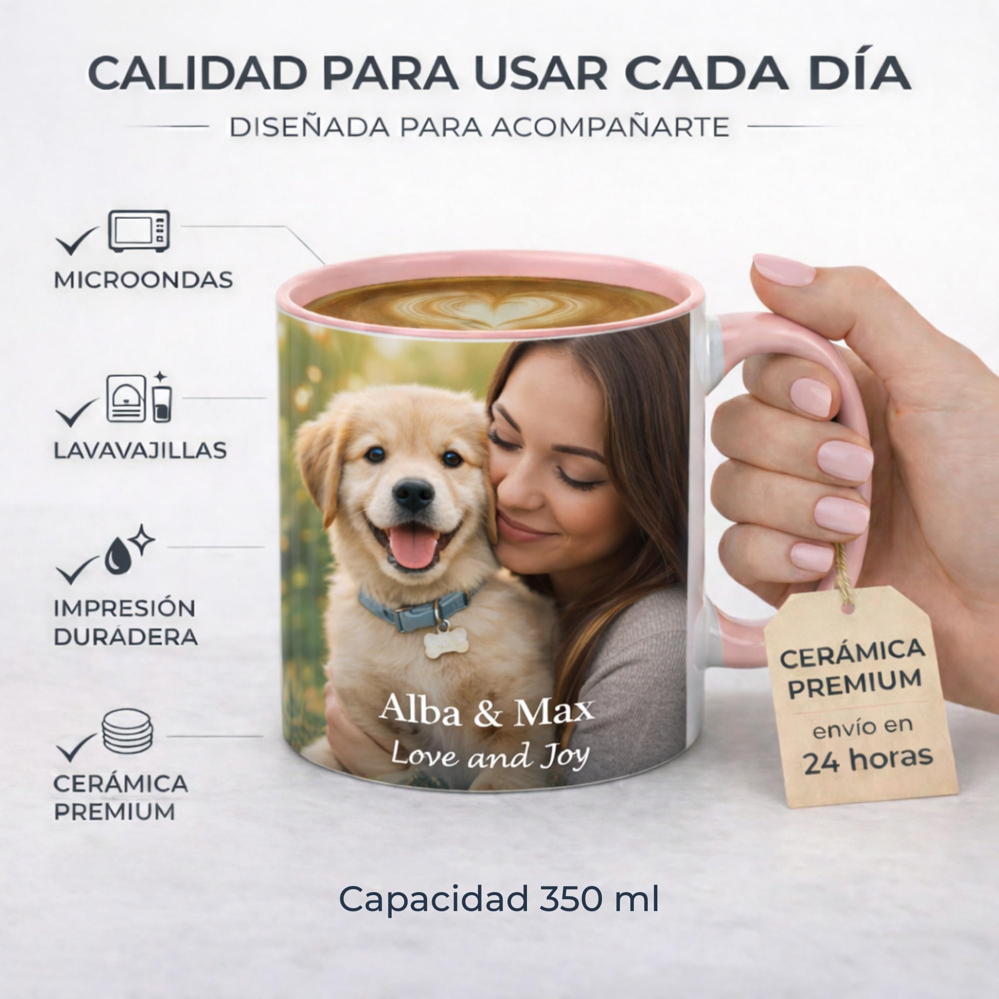 Taza Personalizada Foto Texto Regalo Recuerdo Emocional Original Ceramica 350ml Resistente Microondas Lavavajillas Diseño Unico Amor Familia Amigos Cumpleaños Sorpresa Especial (ROSA) — view 5