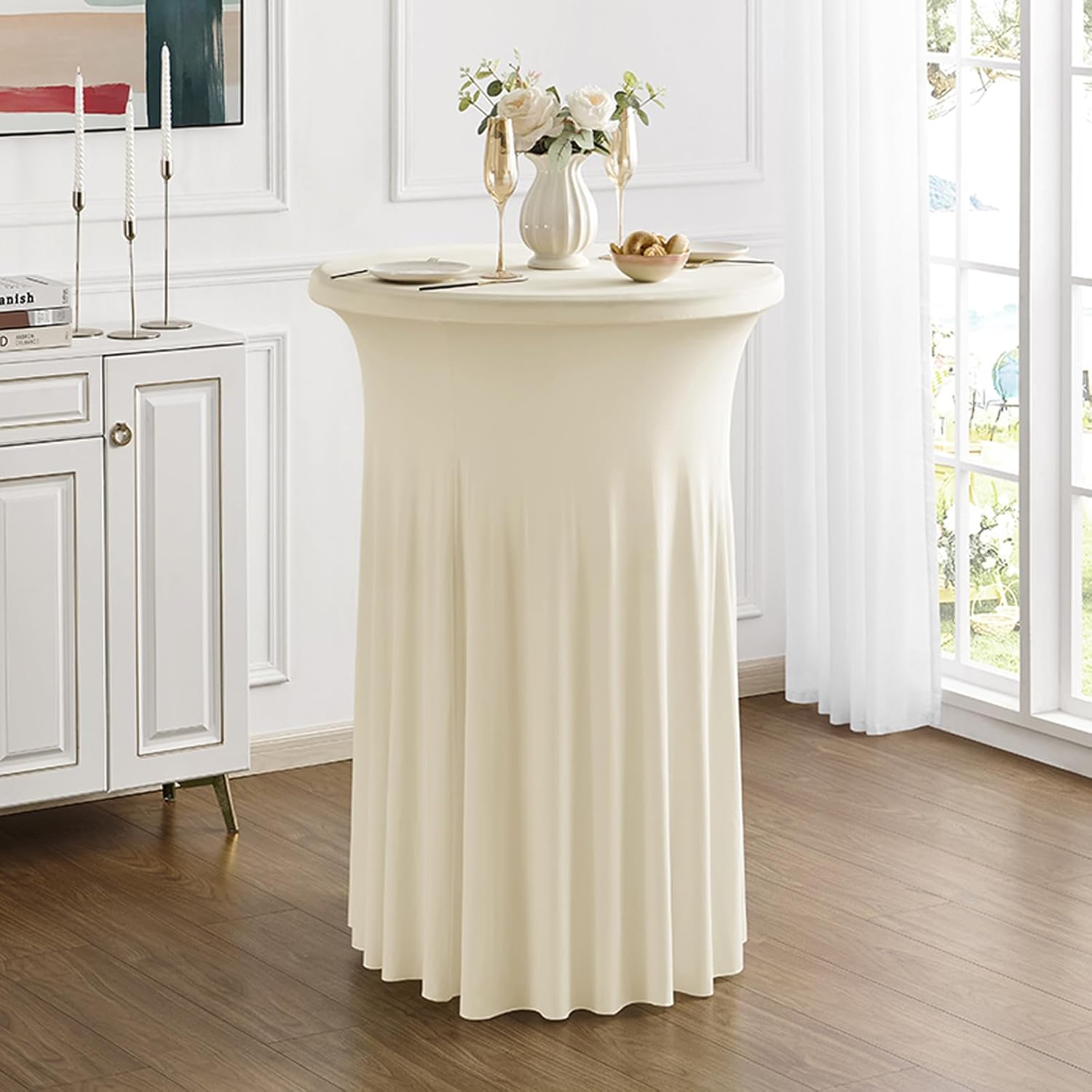 Jeloris 2 Pack Round Cocktail Table Covers with Skirt 24"x43" Spandex Stretch Cocktail Tablecloths with Wavy Drapes Fitted High Top Bar Table Skirt for Wedding Party Banquet (Beige)