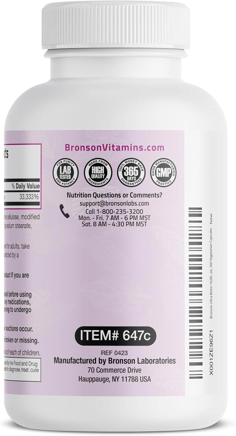 Bronson Ultra Biotin 10,000 Mcg Hair Skin and Nails Supplement, Non-GMO, 360 Vegetarian Capsule - Image 8