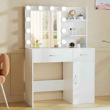 LIVELYGLOW 35.4 White Makeup Vanity Desk with 10 Hollywood Light Bulbs