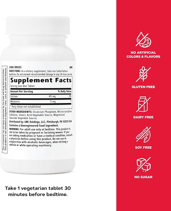 GNC Melatonin 5mg, Supports Restful Sleep, 60 Tablets