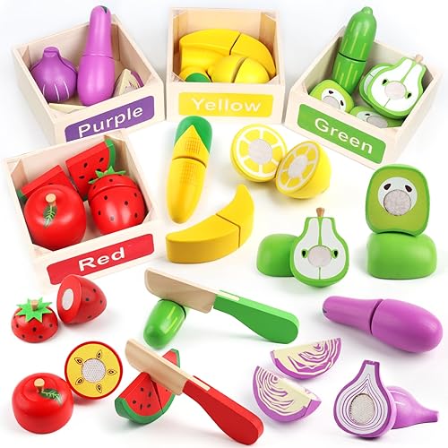 MerryPony Juego de 30 piezas de alimentos de madera para niños, accesorios de cocina, frutas y verduras de velcro para niños pequeños, juguetes de