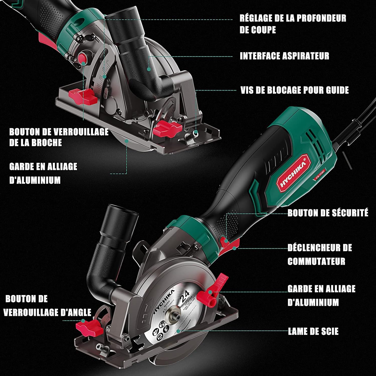 HYCHIKA Mini Scie Circulaire 750W 3500TR/MIN, Scie Compacte avec 3 Lames (24T/60T/9T) pour Bois, Métal et Carrelage, Coupe Biseautée 45°/90° (Profond. Max 48mm), Bricolage
