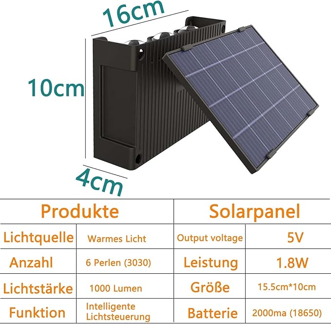 Joyes Joyes 2 Stuks Wandlamp op Zonne-Energie Voor Buiten, Instelbare Zonnelampen Voor Buiten met 6 Warme LED-Wandlampen, Up & Down Light, Decoratieve IP65 Waterdichte Zonnelampen Voor Tuin, Gazon, Balkon, photo 2