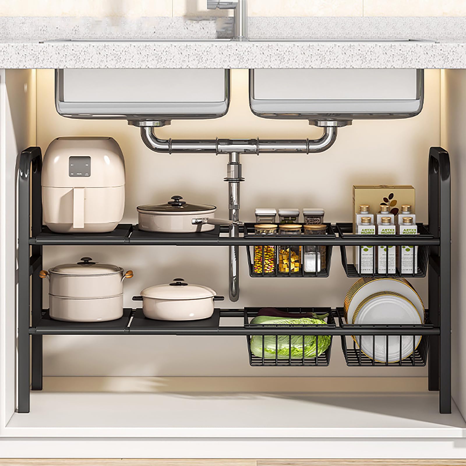 Organizer per armadio a 2 ripiani, regolabile in altezza, larghezza estensibile (68-91 cm), con 4 cesti rimovibili, pareti laterali rimovibili, organizer per armadio per cucina e bagno