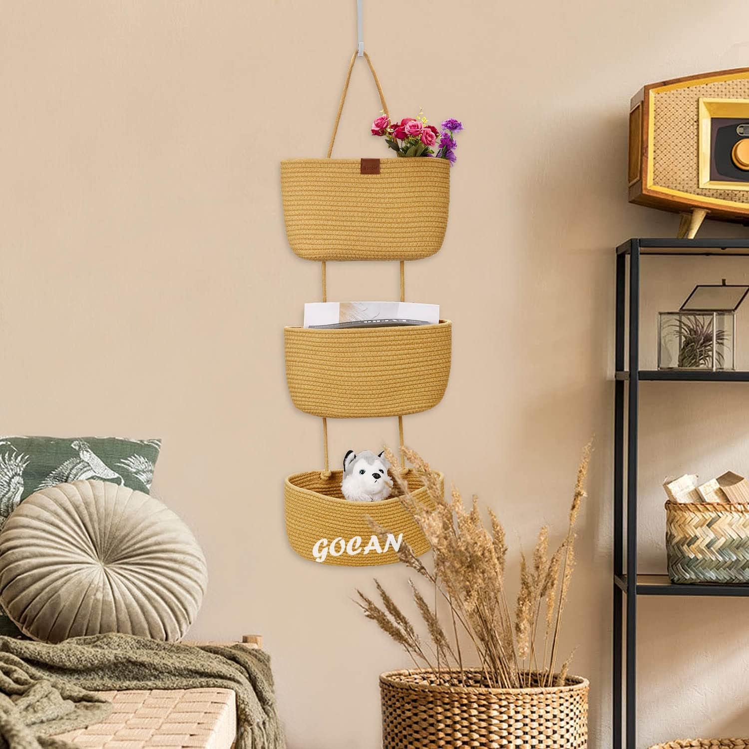 GOCAN Hanging Storage Baskets Over the Door Hanging Basket, 3-Tier Cotton Rope Woven Hanging Organizer, Detachable Decorative Hanging Baskets for Wall Living Room, Bathroom and Bedroom(Jute)