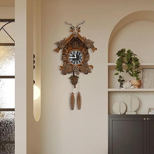 Miniatura 9 de TFCFL Reloj de pared de cuernos, movimiento de cuarzo silencioso, funciona con pilas, reloj de pared con péndulo y carillón de pájaro de cuco para