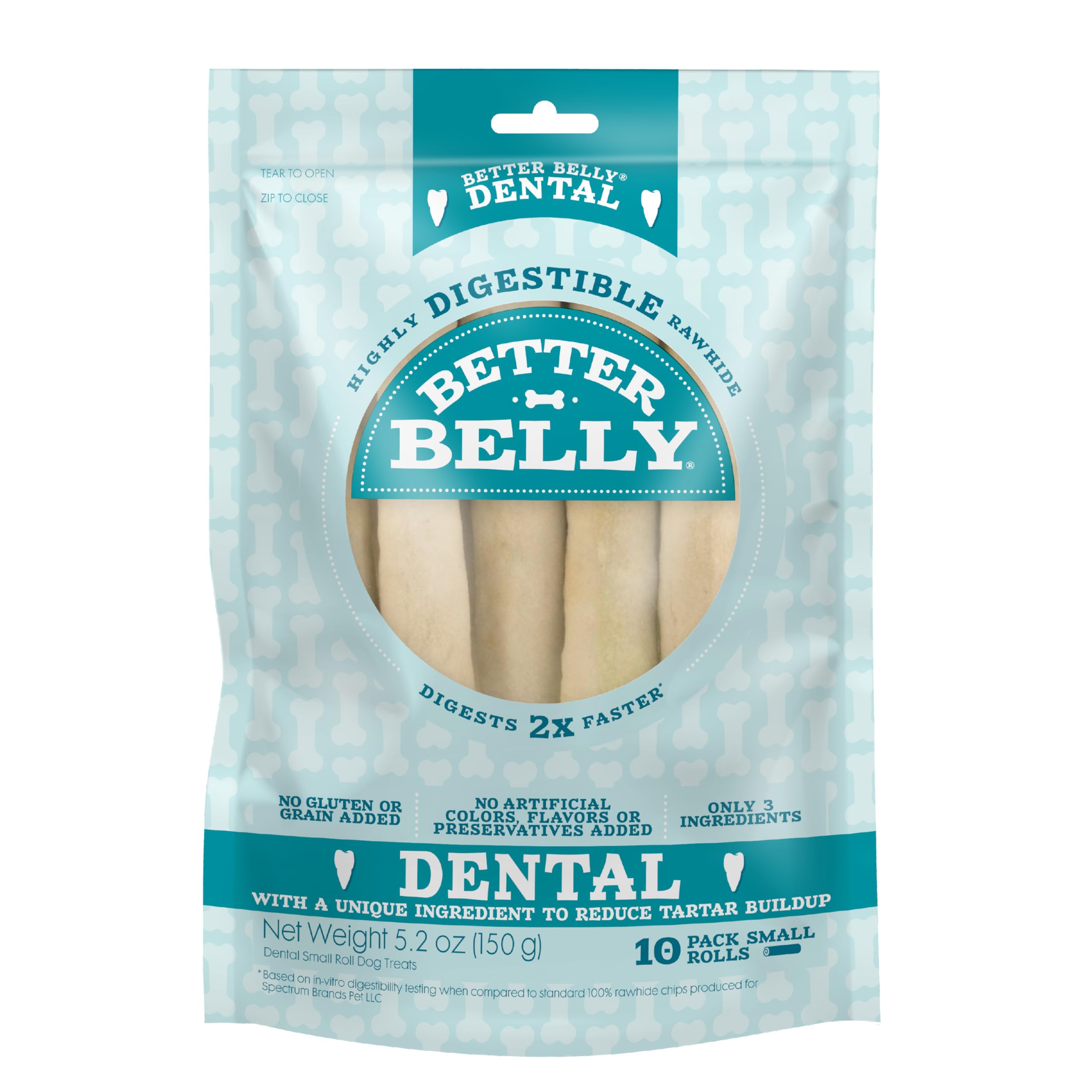 Better BellyHighly Digestible Rawhide Dental Chews, Treat Your Dog to a Chew with NO Artificial Colors or Flavors, 10 Count