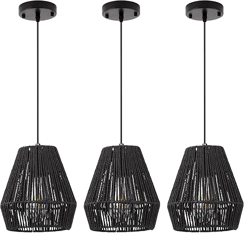 Miniatura 8 de PINDODO Lámpara colgante negra de 7 pulgadas, luces colgantes de ratán, lámpara colgante bohemia costera para granja, cocina, isla, dormitorio, sala