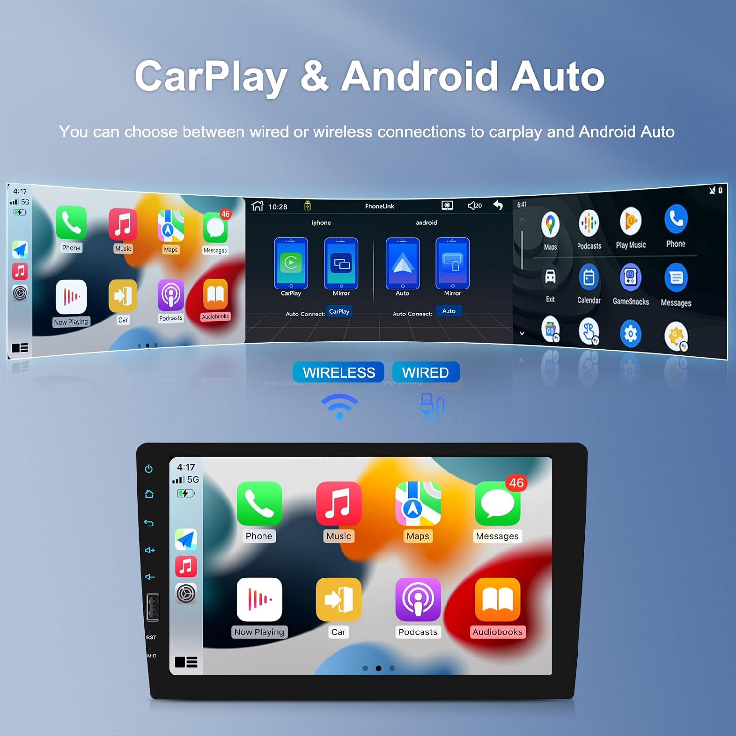 9 Inch Single Din Car Stereo Wireless Carplay Android Auto, 1 Din Touch Screen Car Radio FM AM Audio Receiver with Bluetooth EQ SWC Mirror Link, Backup Camera Mic