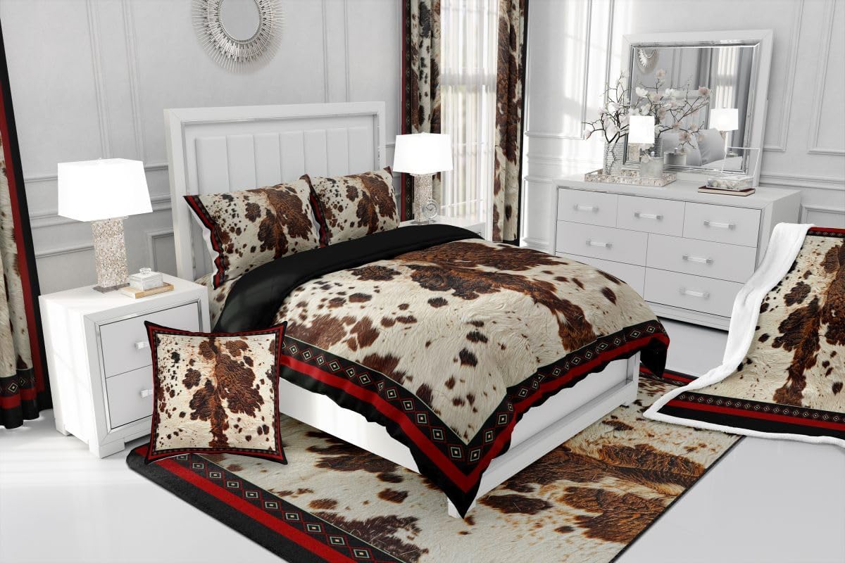 jejeloiu Cow Fur Print Bedding Set Soft for Boys Girls, Cowhide Comforter Set Queen Size Farmhouse Duvet Quilt Microfiber Western Farm Animal Skin Bedroom Decor 3 Pcs with 2 Pillow Cases