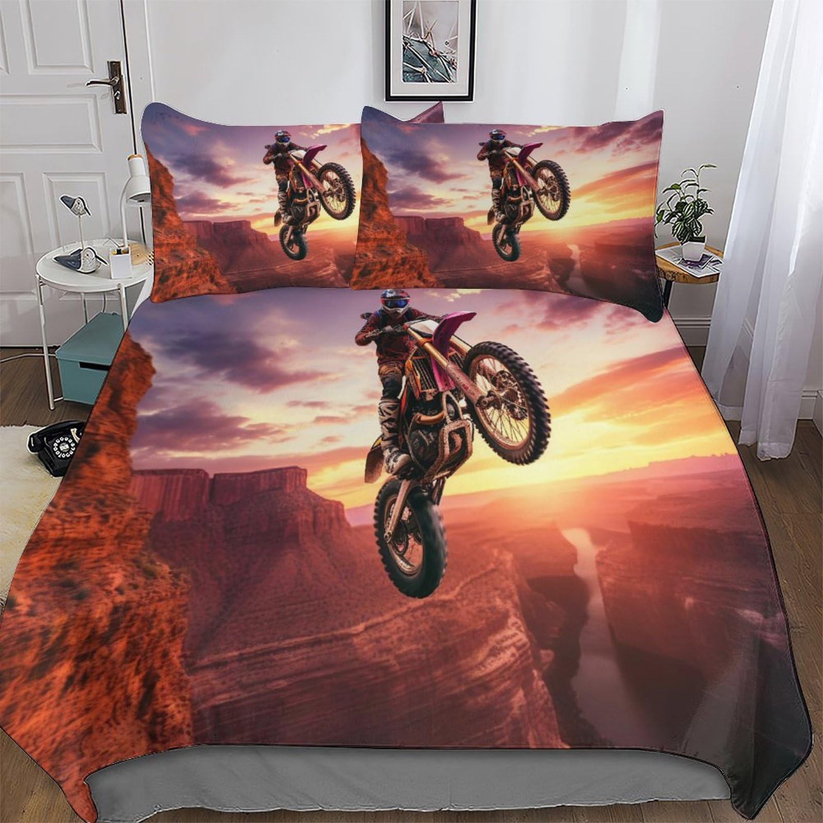 Housse de couette motocross 200x200 cm avec 2 taies d'oreiller pour lit double