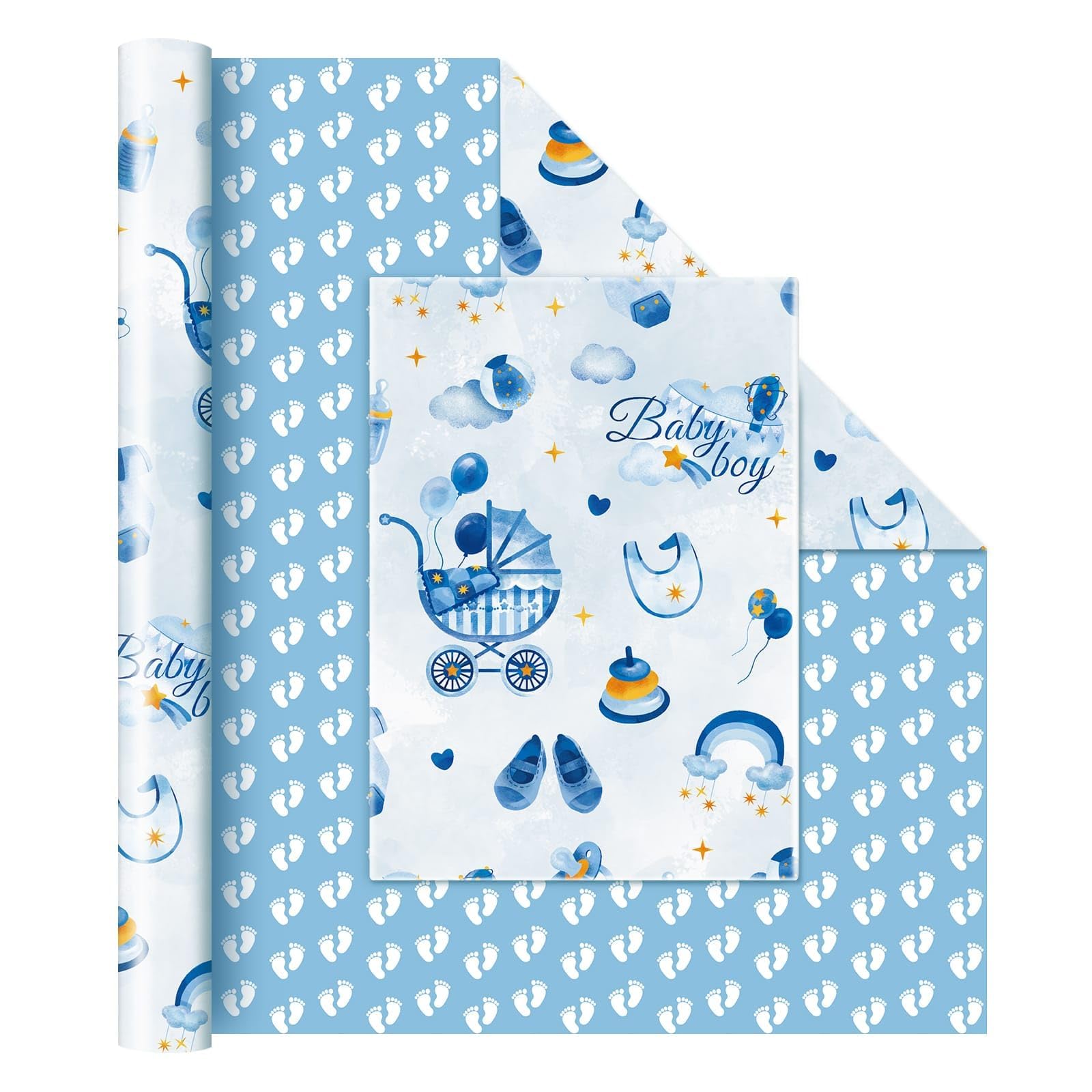 WERNNSAI Baby Boy Wrapping Paper Roll - 1 Roll 17”x 33 ft Blue Baby Shower Wrapping Paper for Kids Birthday Gift Packing Supply Footprints Design for