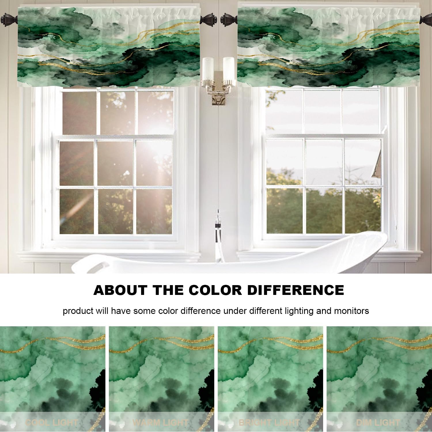 Green Golden Texture Kitchen Valances for Windows,Green Paints Golden Shiny Veins Marble Blackout Valances Curtains Multilayer Polyester Drapes for Kitchen Bedroom 1 Pack 52X18 Inches