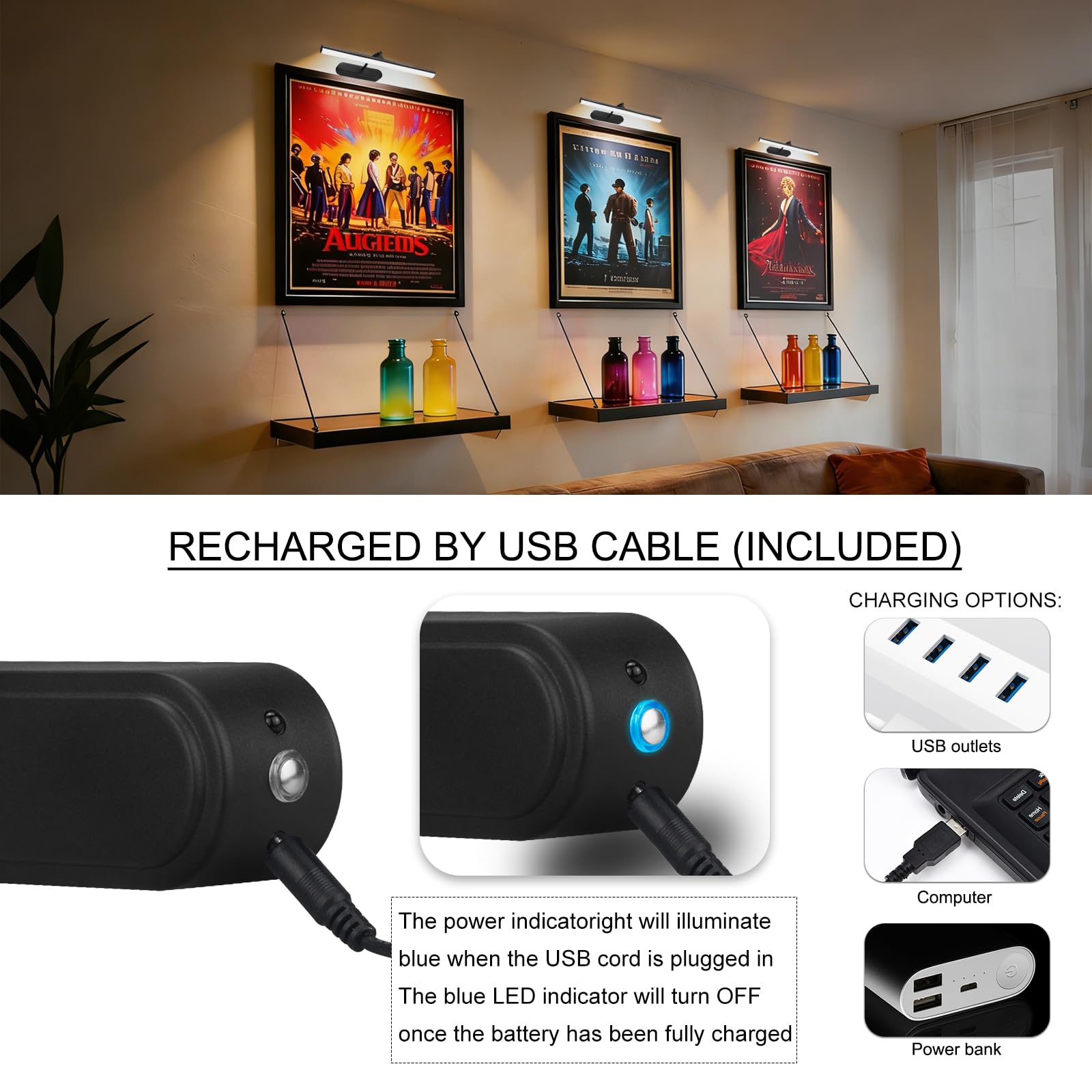 RAIFOOLLY Luce per quadri, luce artistica per dipinti, 2 pezzi, luce da parete a batteria, luce d'accento con telecomando con timer e dimmerabile per cornice, verticale, bersaglio per freccette, nero