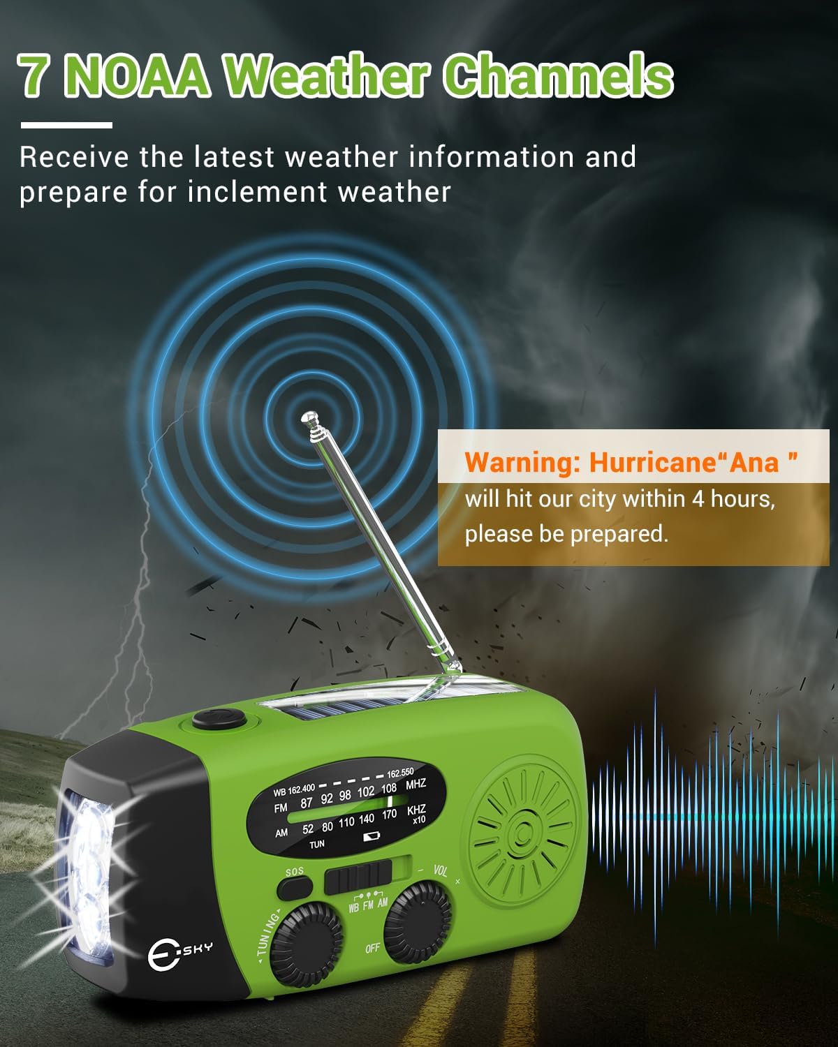 Esky Emergency Hand Crank Radio 7400mAh with 3 LED Flashlight, AM/FM/NOAA Portable Weather Radio with Built-in 2000mAh Rechargeable Battery, Solar Radio for Indoor/Outdoor Survival Camping, SOS Alarm image 2