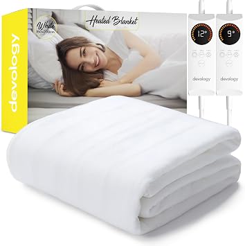 Electric Blanket - Fully Fitted Mattress Cover With Elastic Straps - Premium Fleece Easy Fit Heated Blanket - Detachable Dual Controllers & Machine Washable - King - 150x200cm
