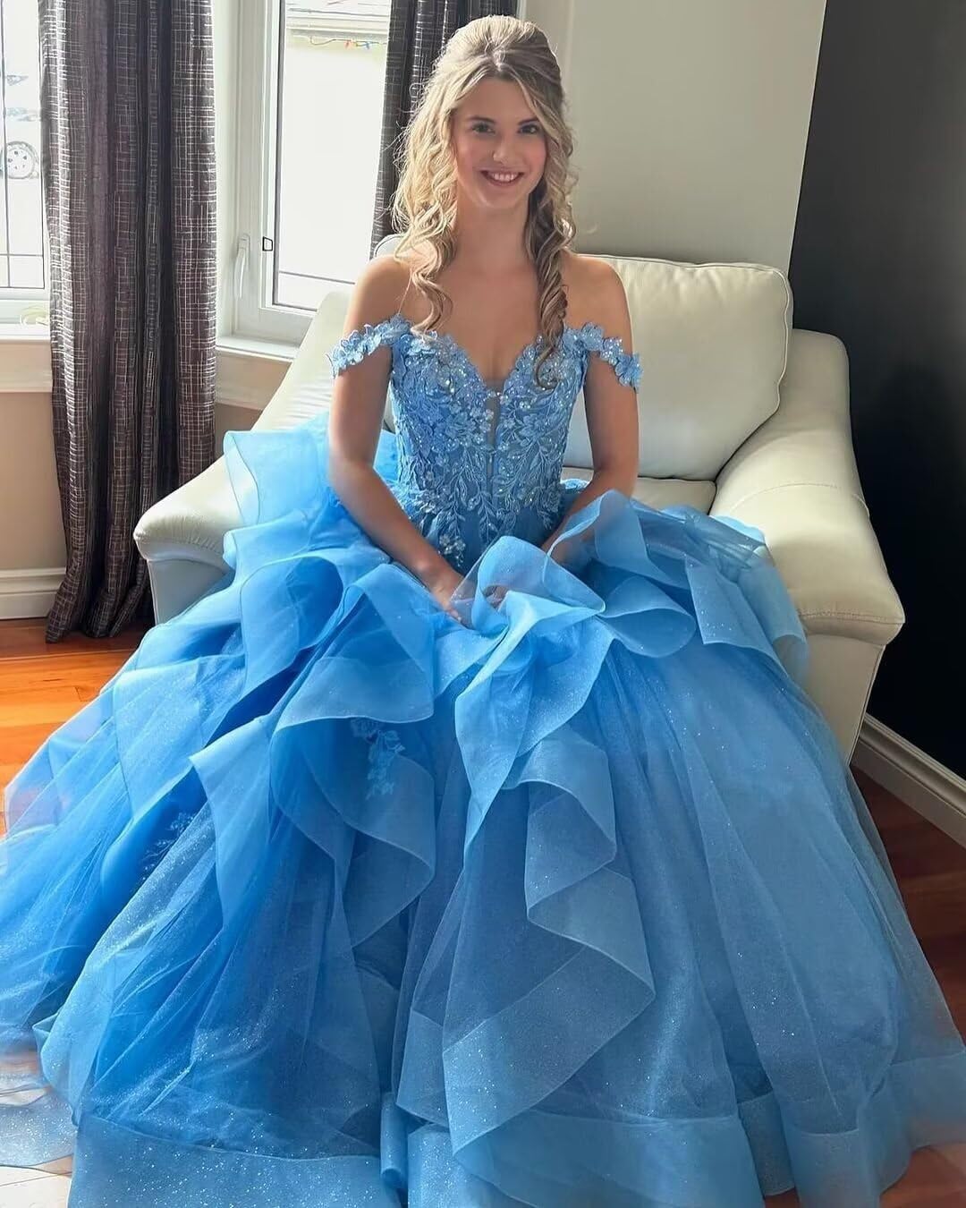 Volantes Tul Vestidos De Noche Hombros Descubiertos Vestidos De Quinceañera Vestido De Bola Largo Apliques De Encaje Vestido De Novia, azul claro, 32