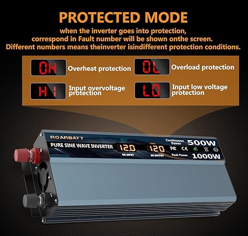 Miniatura 6 de Inversor de corriente de onda sinusoidal pura de 500 W, 12 V CC a CA, 110 V, 120 V, potencia máxima, 1000 W, con 2 salidas de CA, inversor de