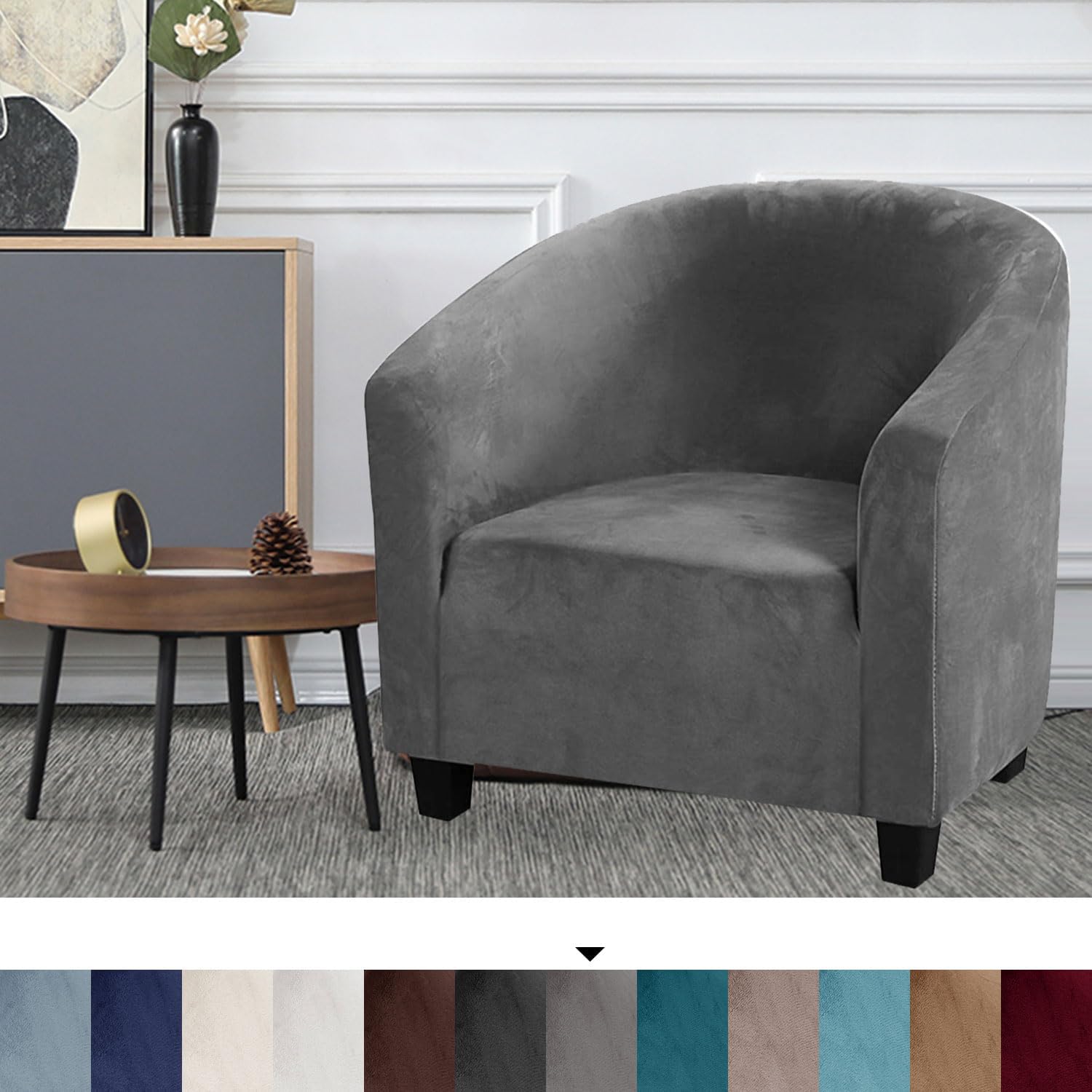 High Stretch Velvet Club Chair Cover Slipcover Tub Chair Cover Armchair Sofa Couch Slipcover with Elastic Bottom Furniture Protector for Living Room (Grey, Chair Covers)