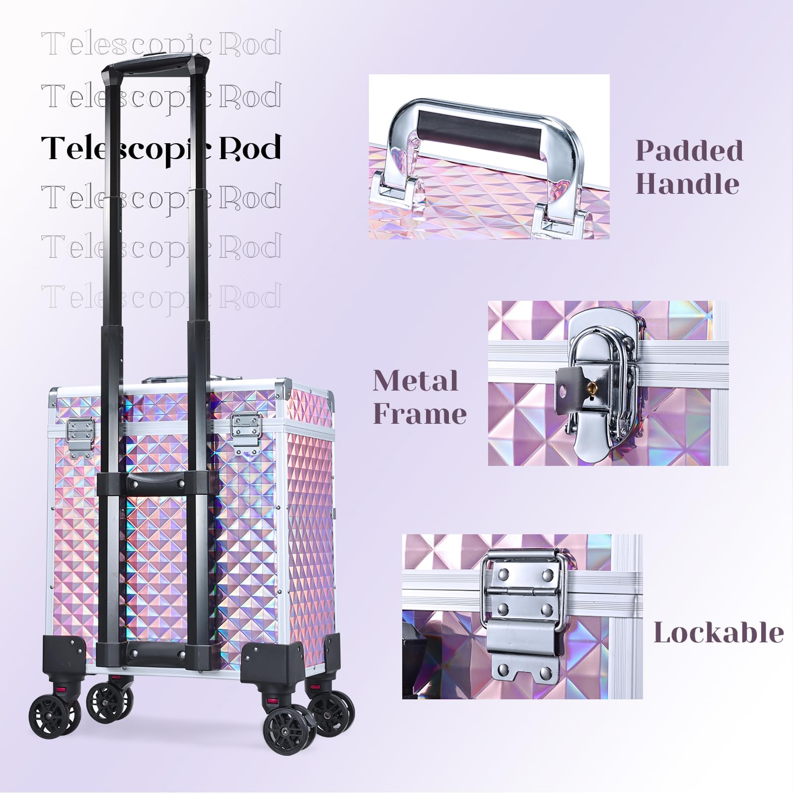 Kosmetikkoffer Trolley Kosmetik Trolley mit Schublade Make up Koffer Schminkkoffer Friseurkoffer mit Rollen Beauty Case Nagelkoffer Nageldesign Koffer,Rosa