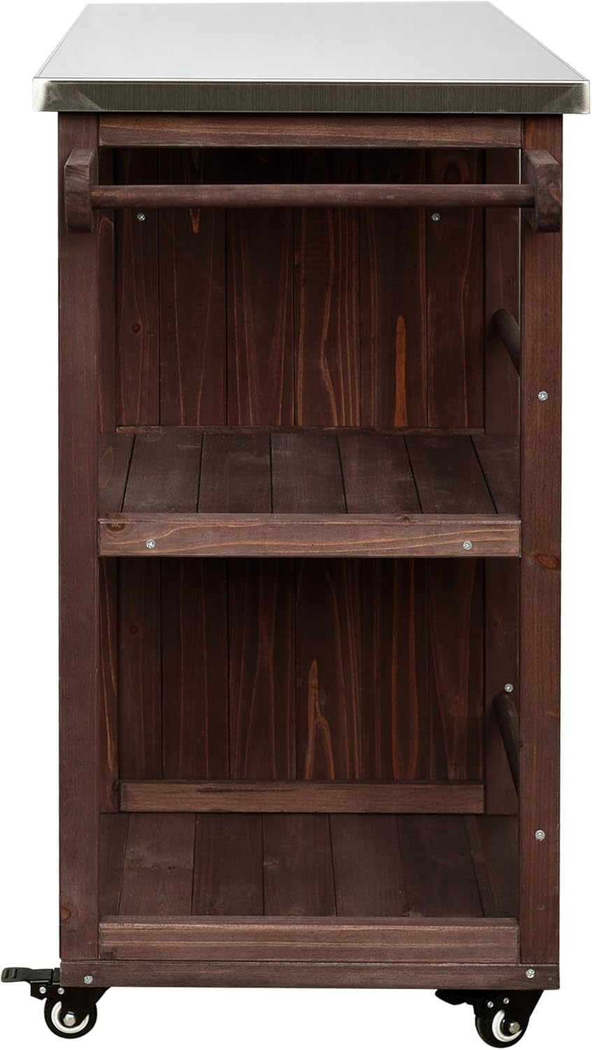 Casaphoria Outdoor Kitchen Island with Stainless Steel Top, Solid Fir Wood BBQ Prep Station, Rolling Grilling Cart with Storage Cabinet, Drawers & Spice Rack for Patio, Backyard,Brown