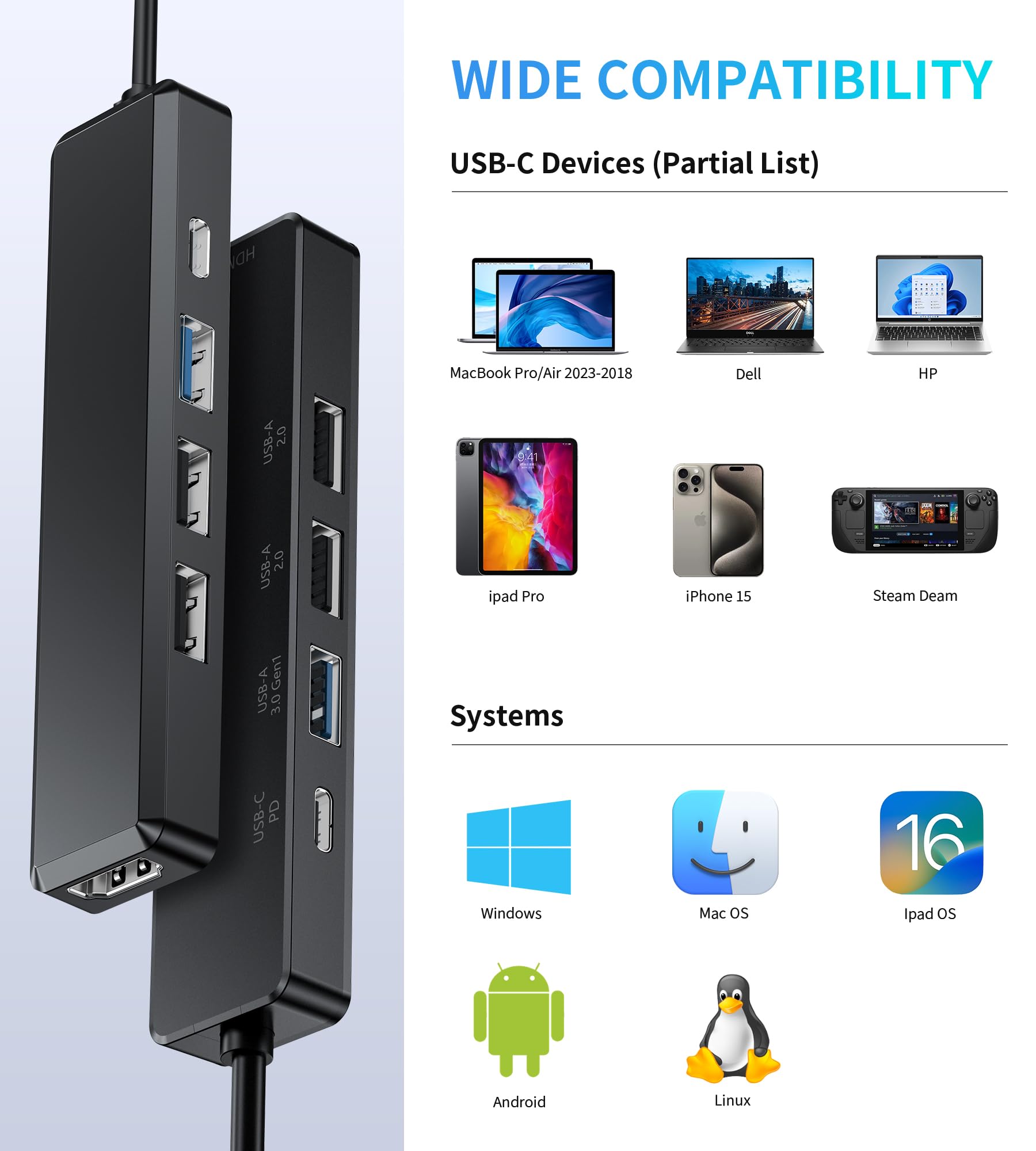 BHHB M80 Hub USB C HDMI 4K/ PD 100W Carica/USB 3.0 5Gbps/ 2*USB 2.0, Hub USBC 5 in 1 Adattatore Multiporta Type C Docking Station Compatibile con MacBook Pro/Air M4 M3 M2 M1, Mac, iMac, iPad, iPhone