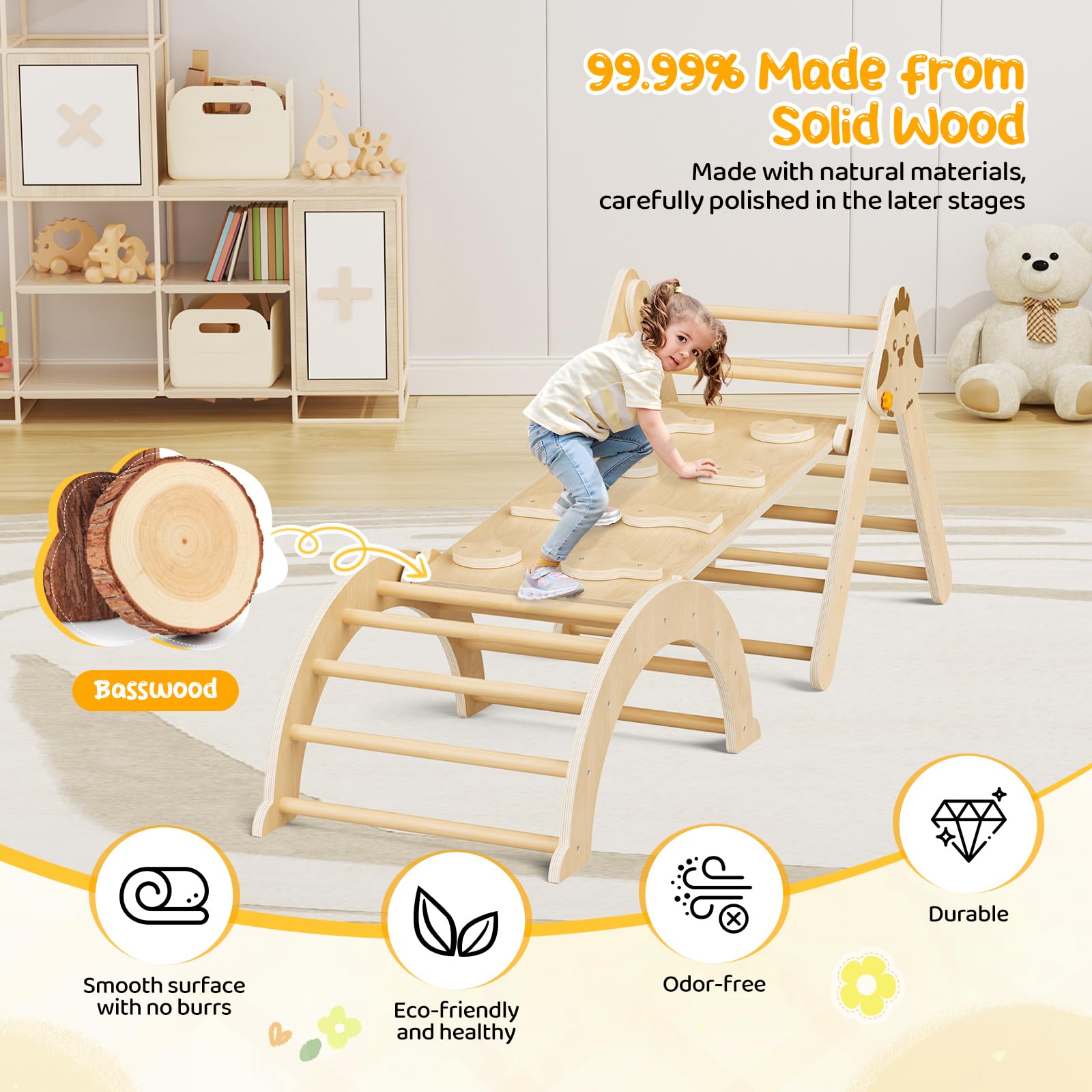 7-in-1 Montessori Klettergerüst Set Indoor Spielset mit Bogen, Rampe und Kletterdreieck, Holz-Dreieckset für Baby-Innenspielplatz für Kinder, Spielplatz-Klettertoys für Kleinkinder (Holzfarbe)