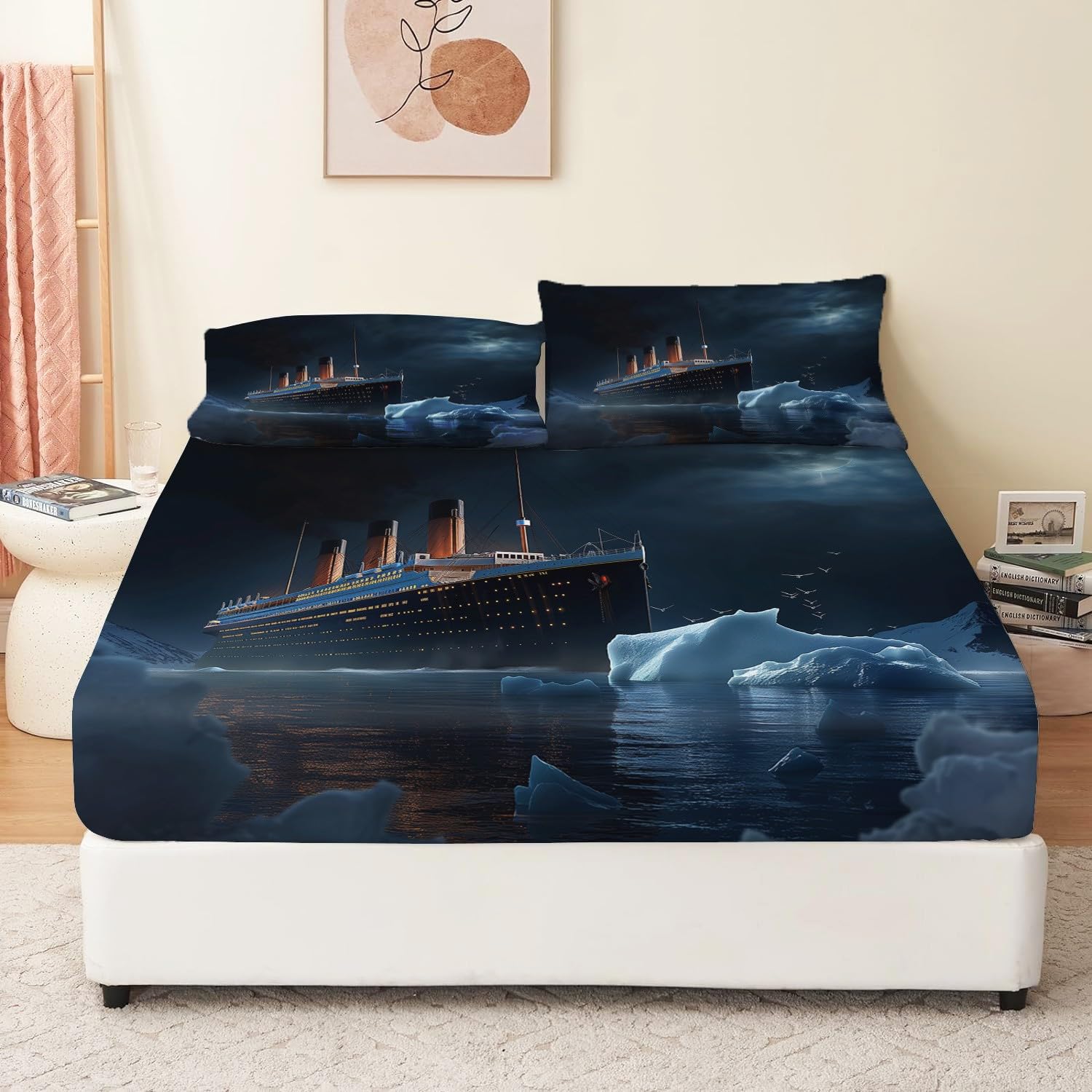 Lenzuolo con angoli stampato 3 pezziTitanic In The Dark NightNero160x200Microfibra - 30 cm di profondità Nessun restringimento e nessun pelucchi Lavabile in lavatrice Include 2 federe per cuscini