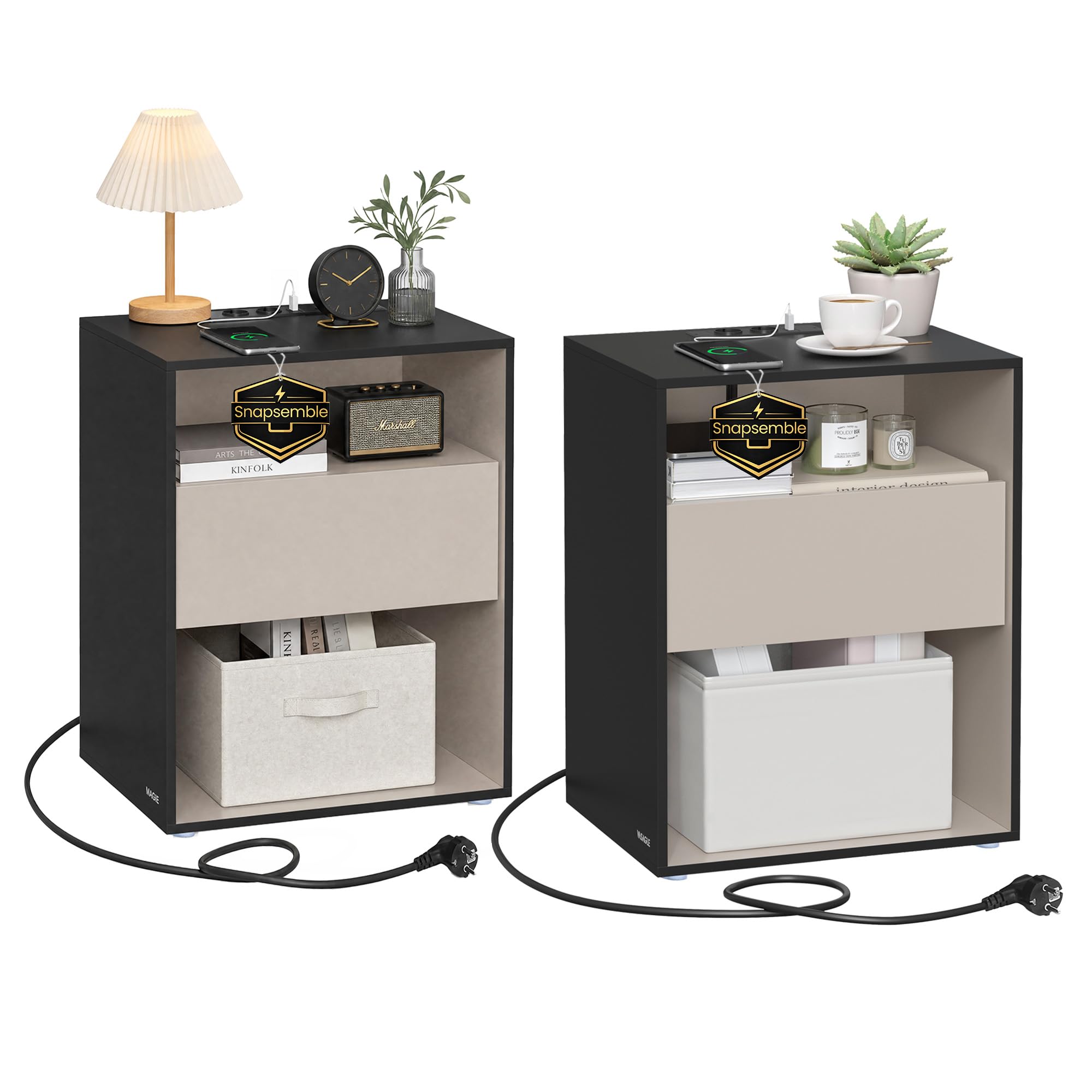 VASAGLE Nachttisch 2er Set, Snapsemble – superschnelle Montage, Beistelltisch mit Ladefunktion, Nachtschrank mit Schublade, Schlafzimmer, tintenschwarz-cappuccinobeige LET777B04-2J