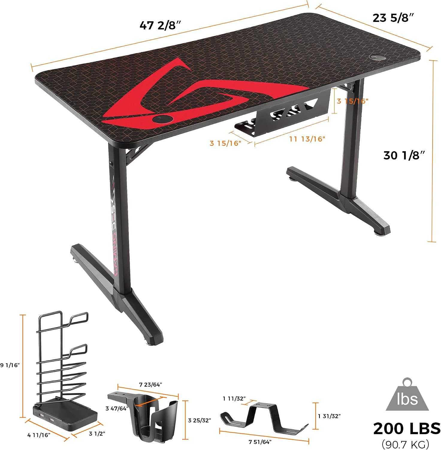 It's_Organized 47 inch Gaming Desk Racing Style Computer Desk with Free Mouse pad, T-Shaped Professional Gamer Game Station with USB Gaming Handle Rack, Cup Holder & Headphone Hook,Black