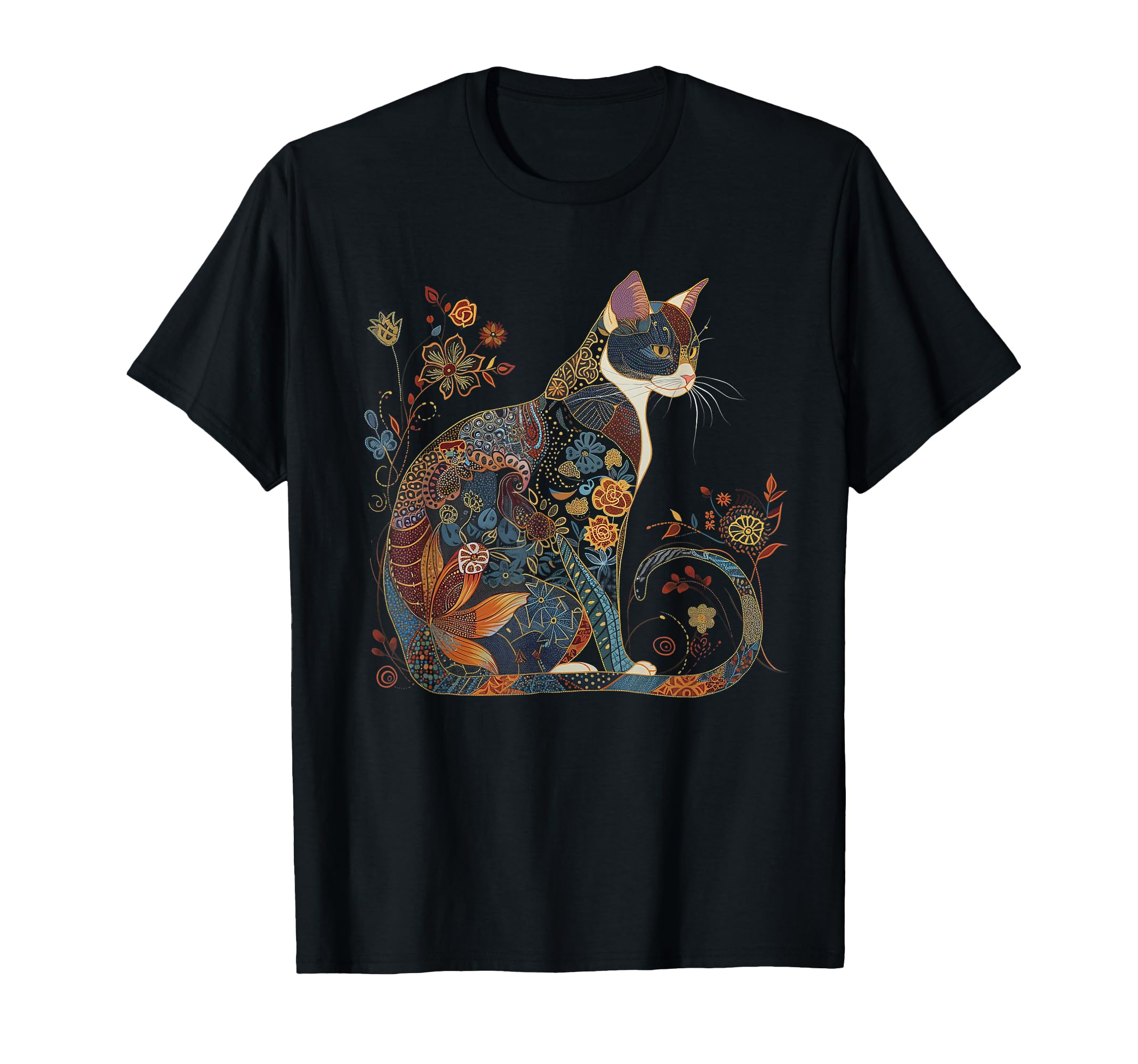 Cat Colorful Floral Patterns Vintage Flowers Art Cat Lover T-Shirt