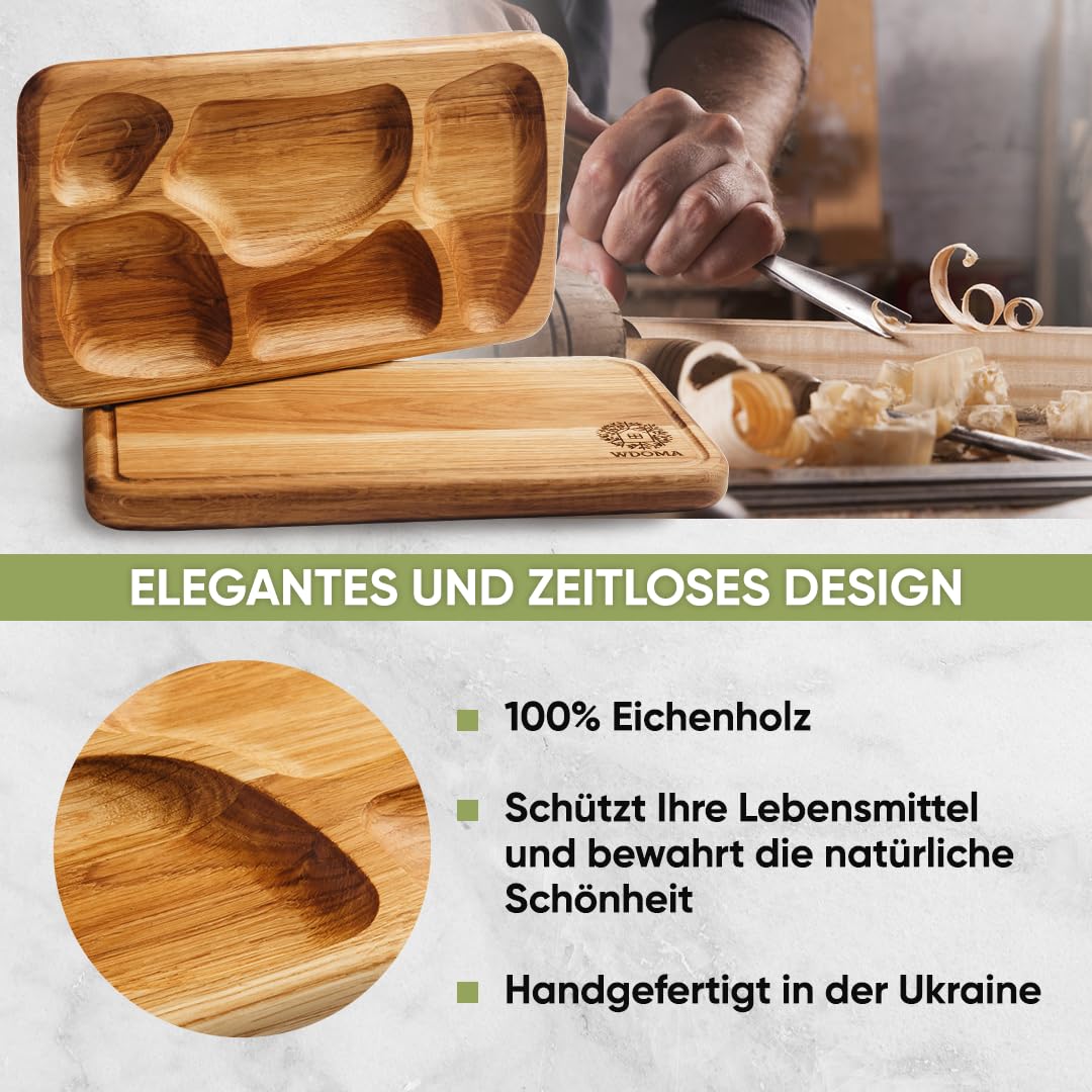 Juego de 2 tablas de desayuno de madera de roble, para servir aperitivos con compartimentos, tabla para aperitivos de madera, para servir desayuno, pan de noche, plato para servir
