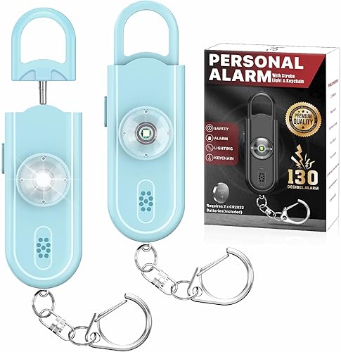 Llavero de alarma de seguridad personal para mujeres, 2 unidades, sirena fuerte de 130 dB con luz estroboscópica SOS, linterna, altavoces dobles,