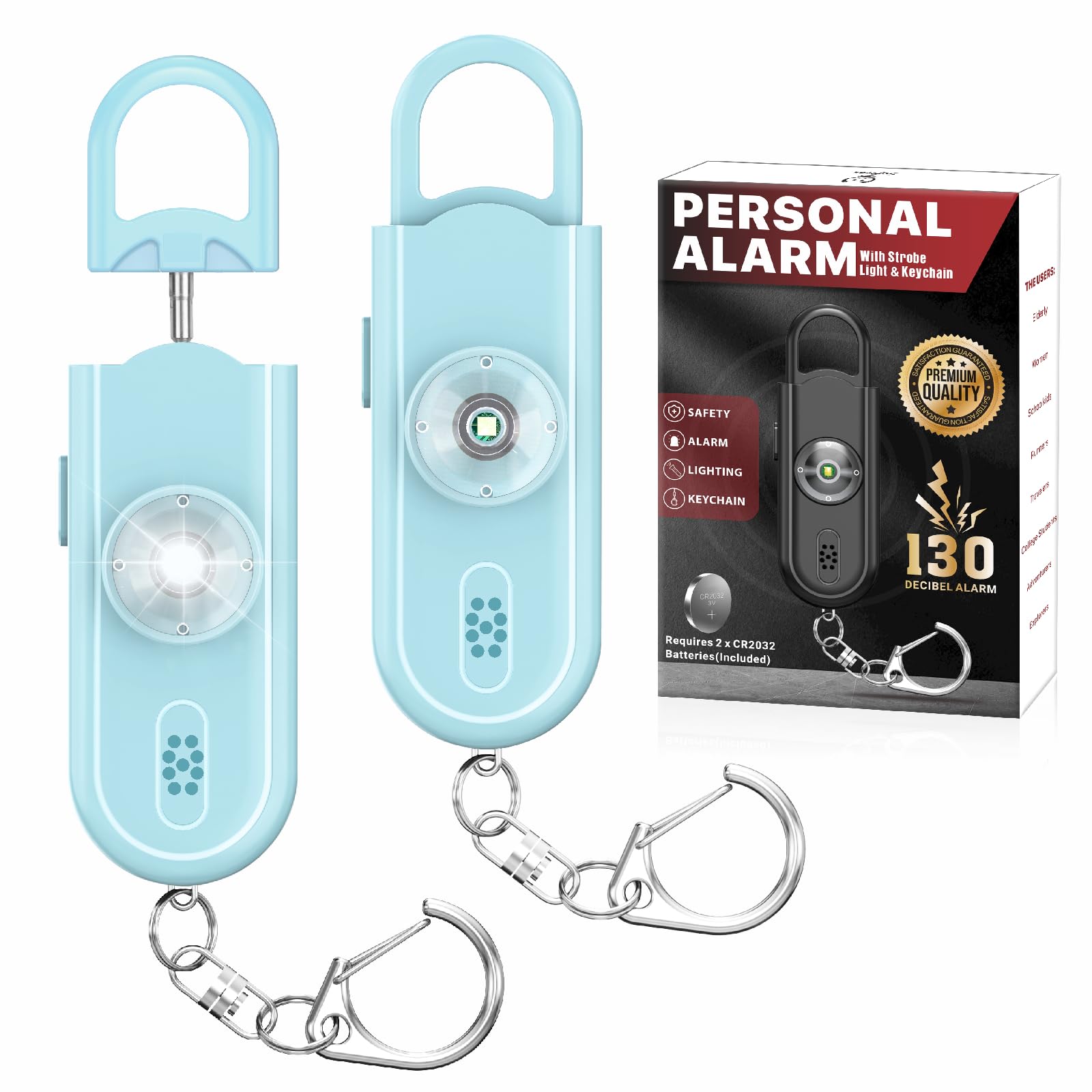 Personal Safety Alarm Keychain for Women 2PCS -130 dB Loud Siren with SOS Strobe Light, Flashlight, Double Speakers, Safe Defense Key Chain for Girls Kids Elders Emergency Call