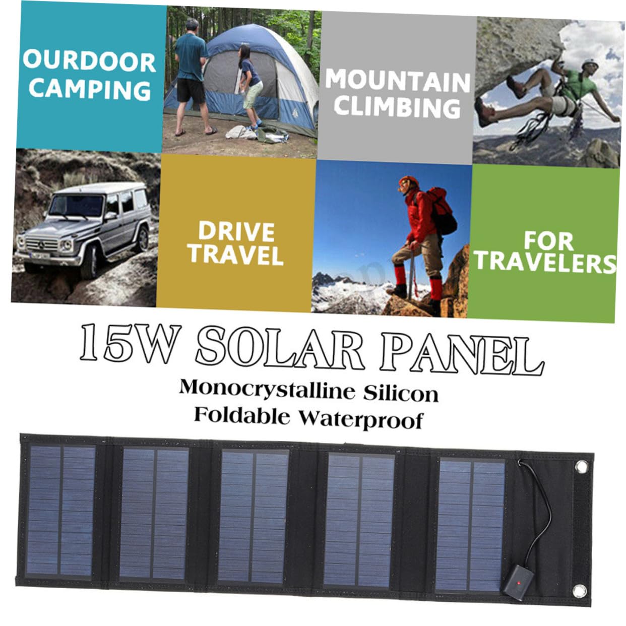 Cargador Solar Portátil de 15W y 6v Panel Plegable Monocrystalline, Resistente al Agua, Adecuado para Emergencias y Camping al Aire Libre