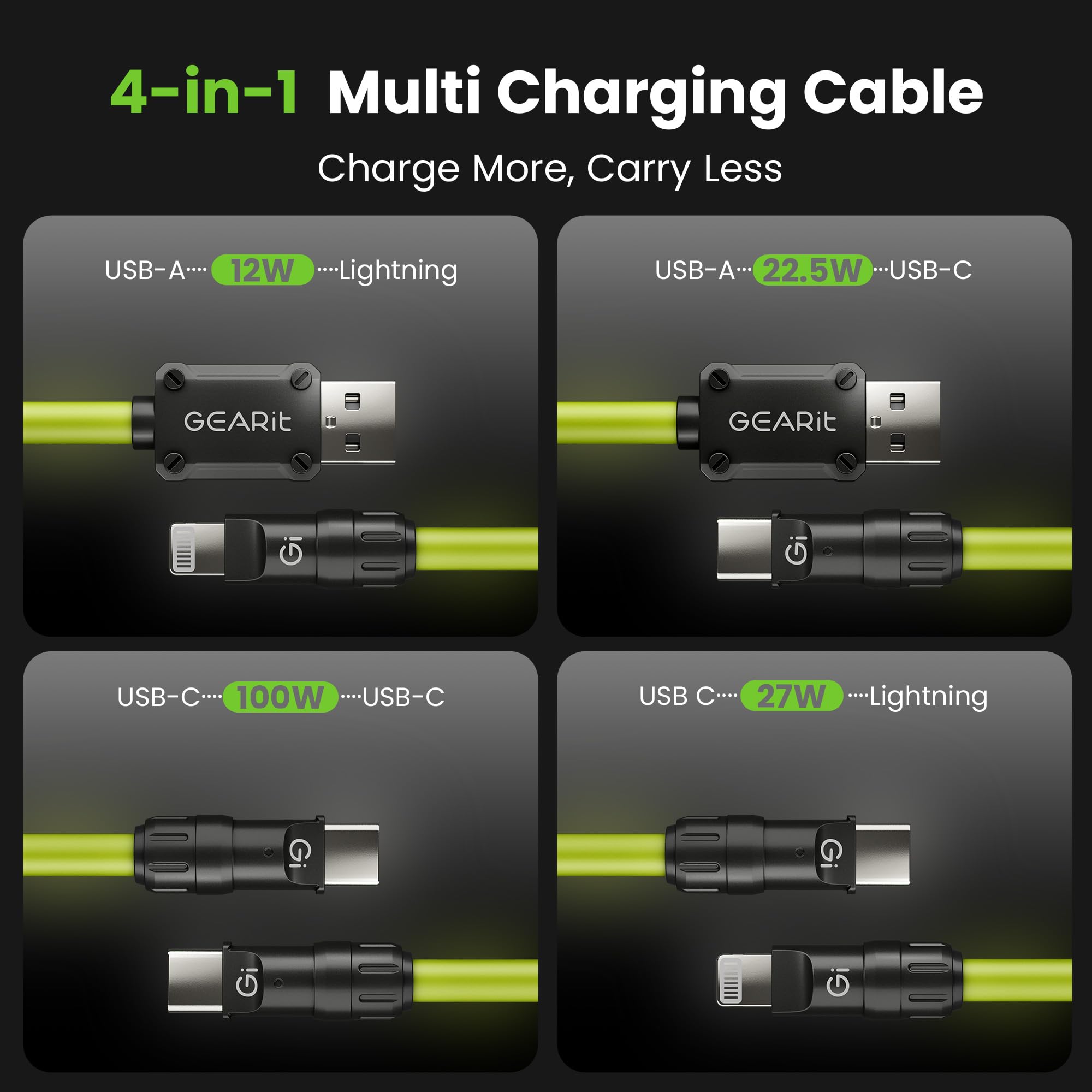GEARit Câble de charge 4 en 1 100 W en silicone USB-C à charge rapide avec connecteurs USB-A et Lightning - Cordon de charge universel multi-appareils compatible avec iPhone, MacBook Pro, 1,8 m, vert