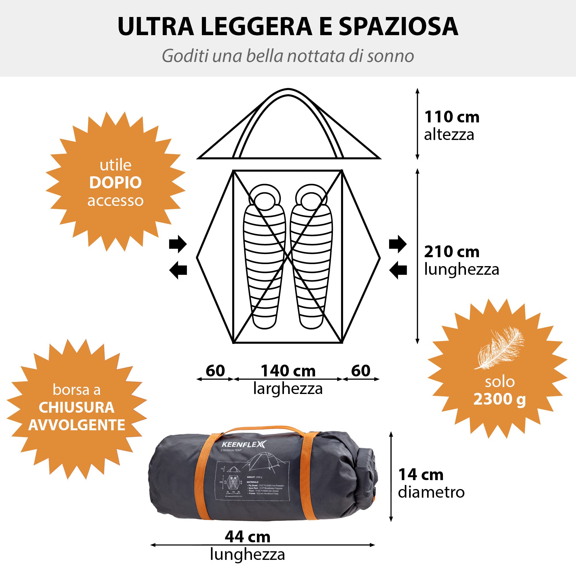 Tenda da campeggio ultraleggera 2 persone 2300 g