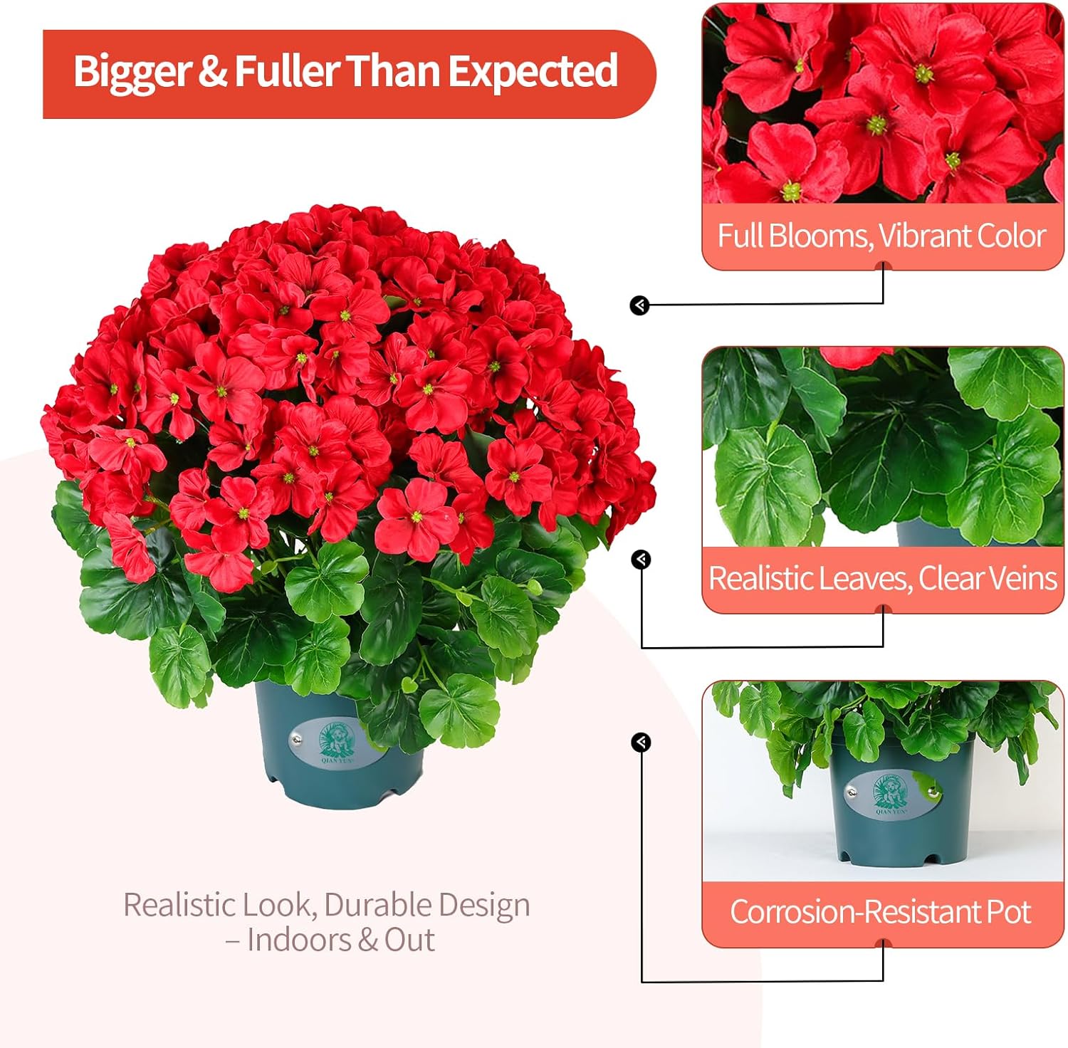 Geraniums Artificial Flowers Realistic – 2 Pack 18" Potted Faux Geranium Plants Deep Pink, UV Resistant Silk Flowers for Outdoor Indoor Front Porch Garden Home Decor (2, Red) - Image 6