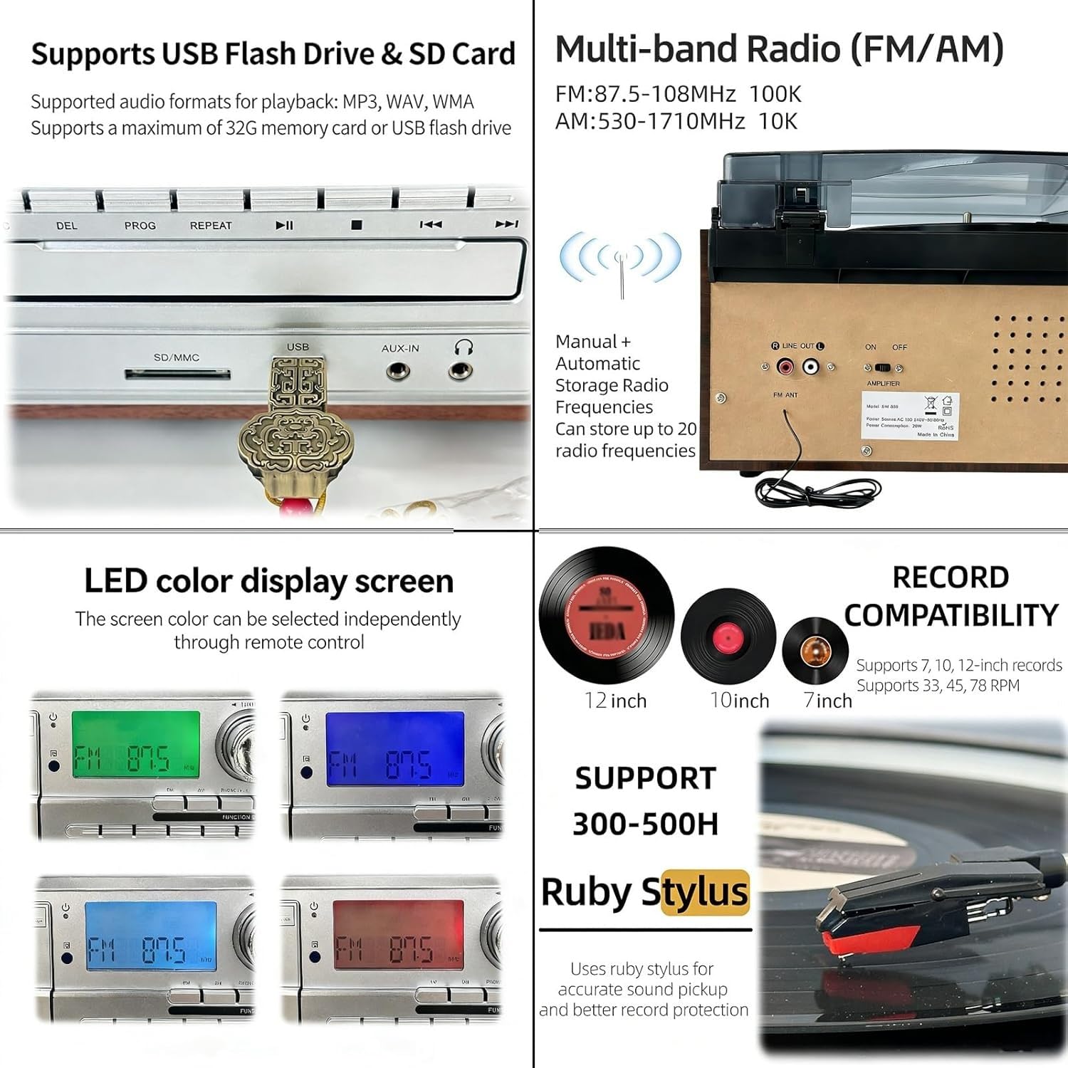 Lettore CD, Bluetooth E Cassette 10 In 1, Giradischi Retrò Con Telecomando, Altoparlanti Integrati, USB/SD, Ingresso Aux/uscita Di Linea RCA, A 3 Velocità, Per L'intrattenimento In Ufficio(Black)