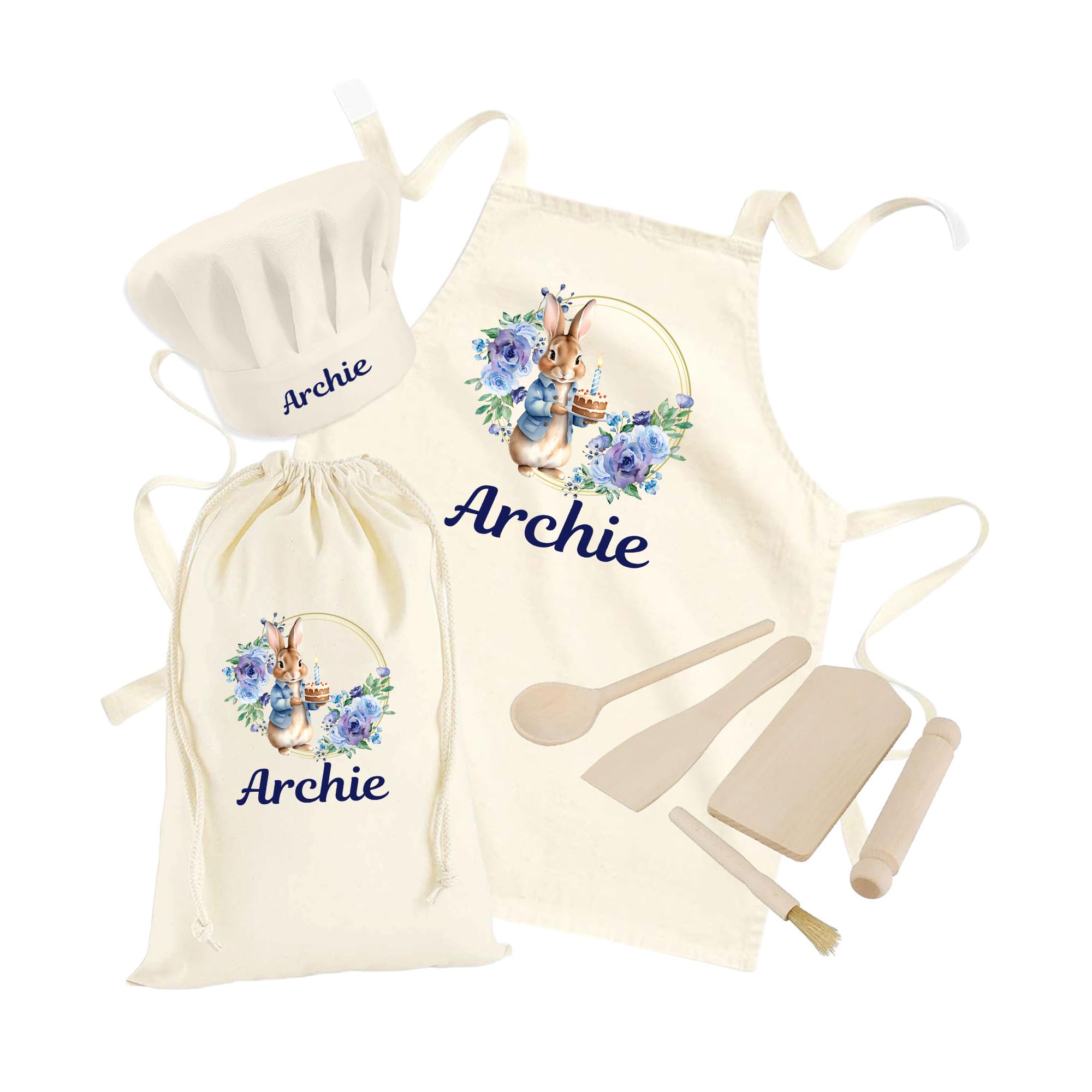 Hoolaroo Personalised Kids Baking Set Aprons For Cooking Toddler Apron Custom Apron Kids Cooking Utensils Gift For Boys Age 2-10 Set Blue Bunny โ image 1