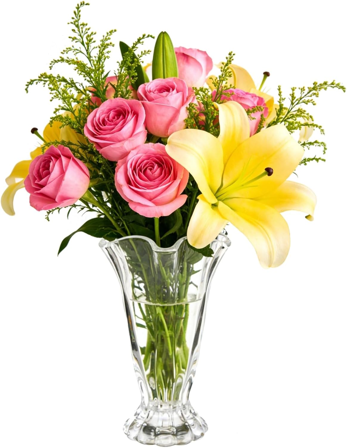 Glass Flower Vase with Wavy Rim, 9.1 in Tall Vintage Ribbed Pedestal Vase for Home Decor, Crystal Clear, Hand Blown Thickened Glass for Floral Arrangement Centerpiece