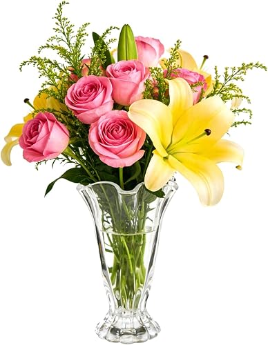 Glass Flower Vase with Wavy Rim, 9.1 in Tall Vintage Ribbed Pedestal Vase for Home Decor, Crystal Clear, Hand Blown Thickened Glass for Floral Arrangement Centerpiece
