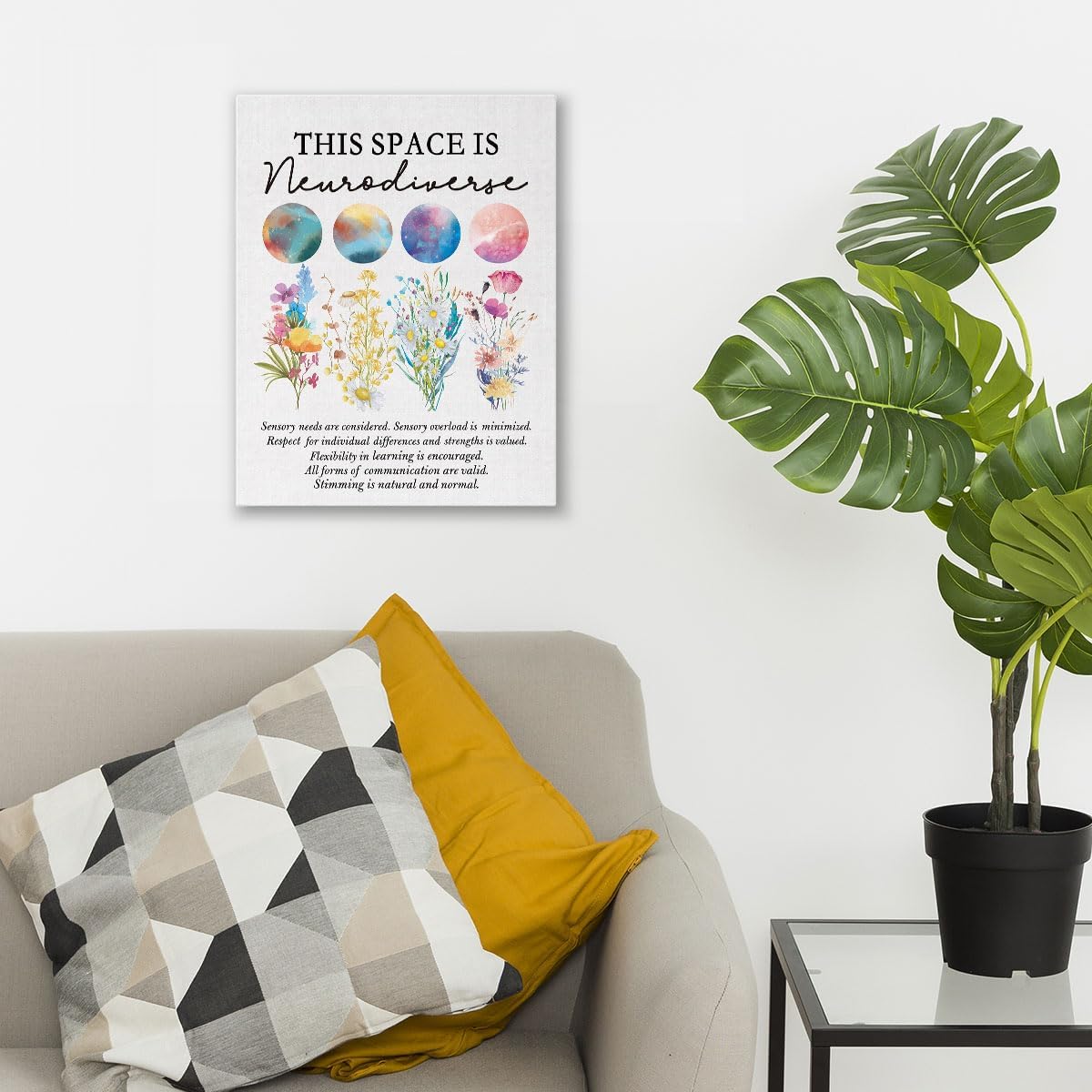 This Space Is Neurodiverse Canvas Wall Art Prints Painting Decor 11×14 Inches,Neurodiversity Watercolor Flowers Universe Print Framed Artwork For Home Bedroom Living Room Therapist Counseling Office - Image 3