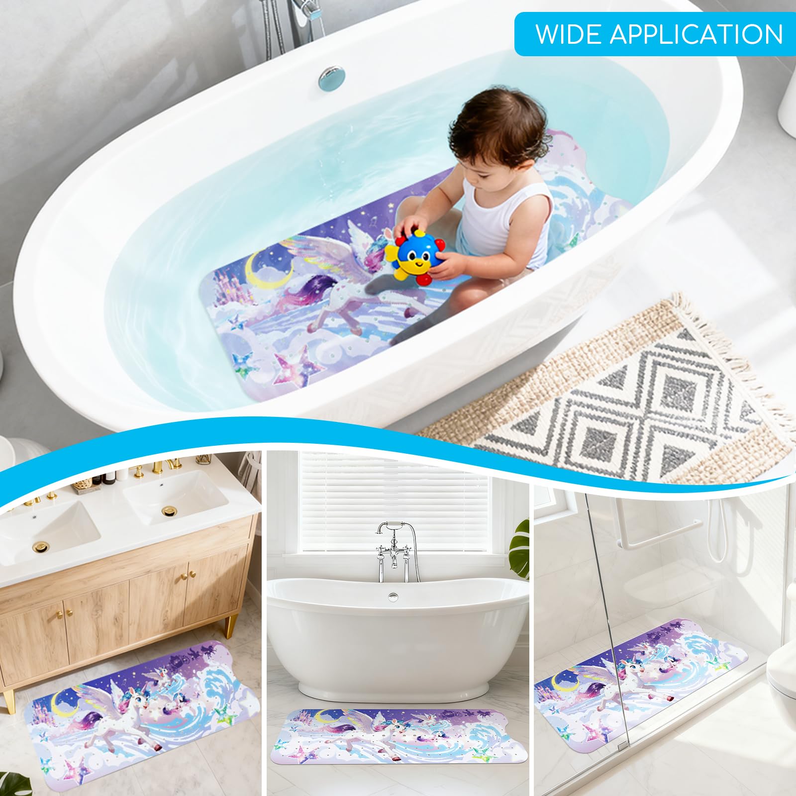 Tappeto Tappetino Doccia Antiscivolo Vasca Antiscivolo da Doccia Bagno per Bambino Bambini 100x40cm, con 200 Ventose, Senza BPA e Lavabile in Lavatrice - Unicorno
