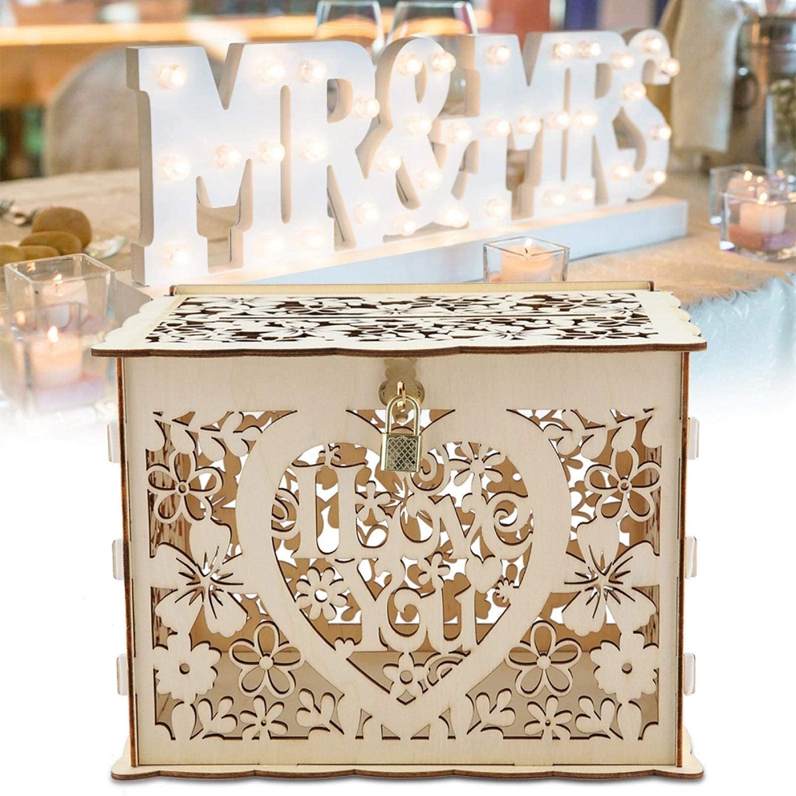 Scatola di Carte di Nozze in Legno, Scatola di Carte di Nozze in Legno con Serratura, Regalo Porta Buste, per Ricevimento Anniversario Laurea Compleanno, 25×20×18,3 cm(I Love You)