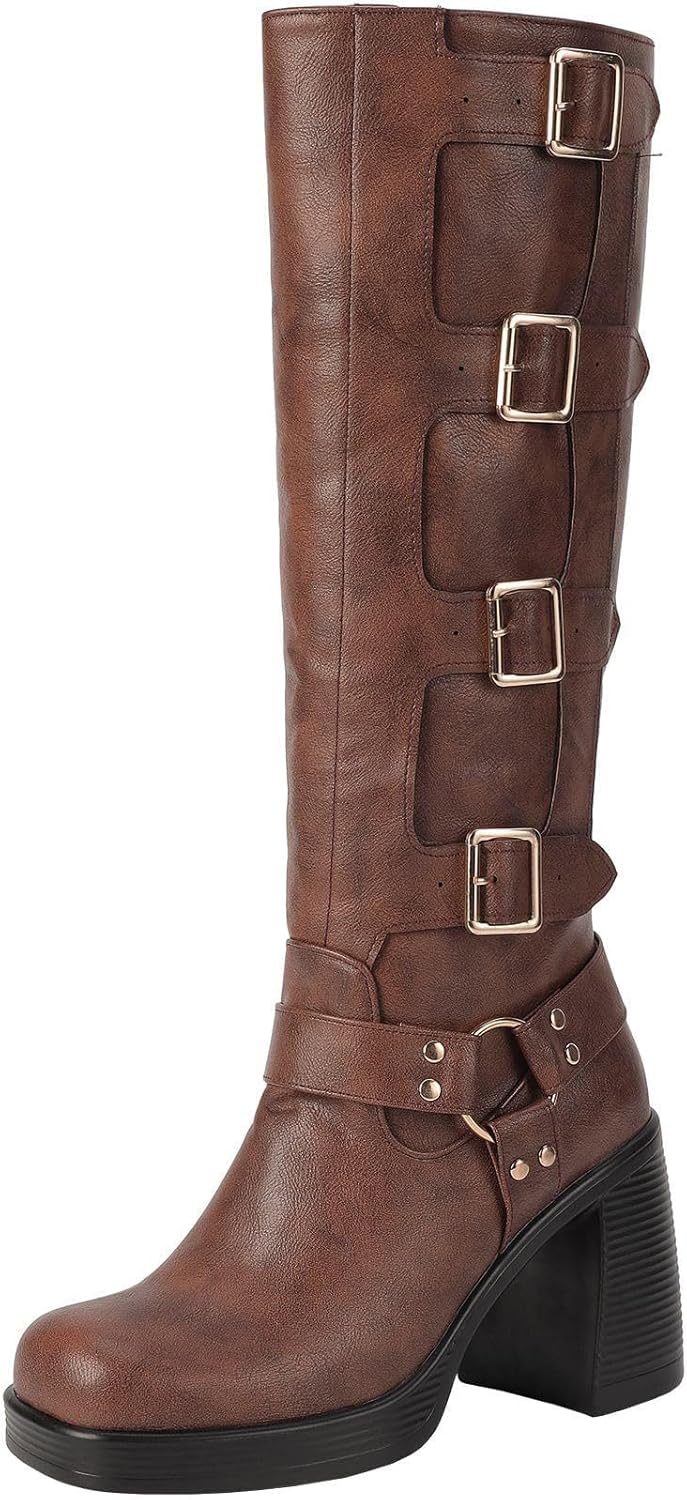 Seborluys Brown Knee High Buckle Boots for Women Winter Warm Square Toe Platform Chunky Block High Heel Gogo Boots Pull On Fashion Gothic Riding Fashion Buckle Biker Motorcycle Boot,Size 8.5